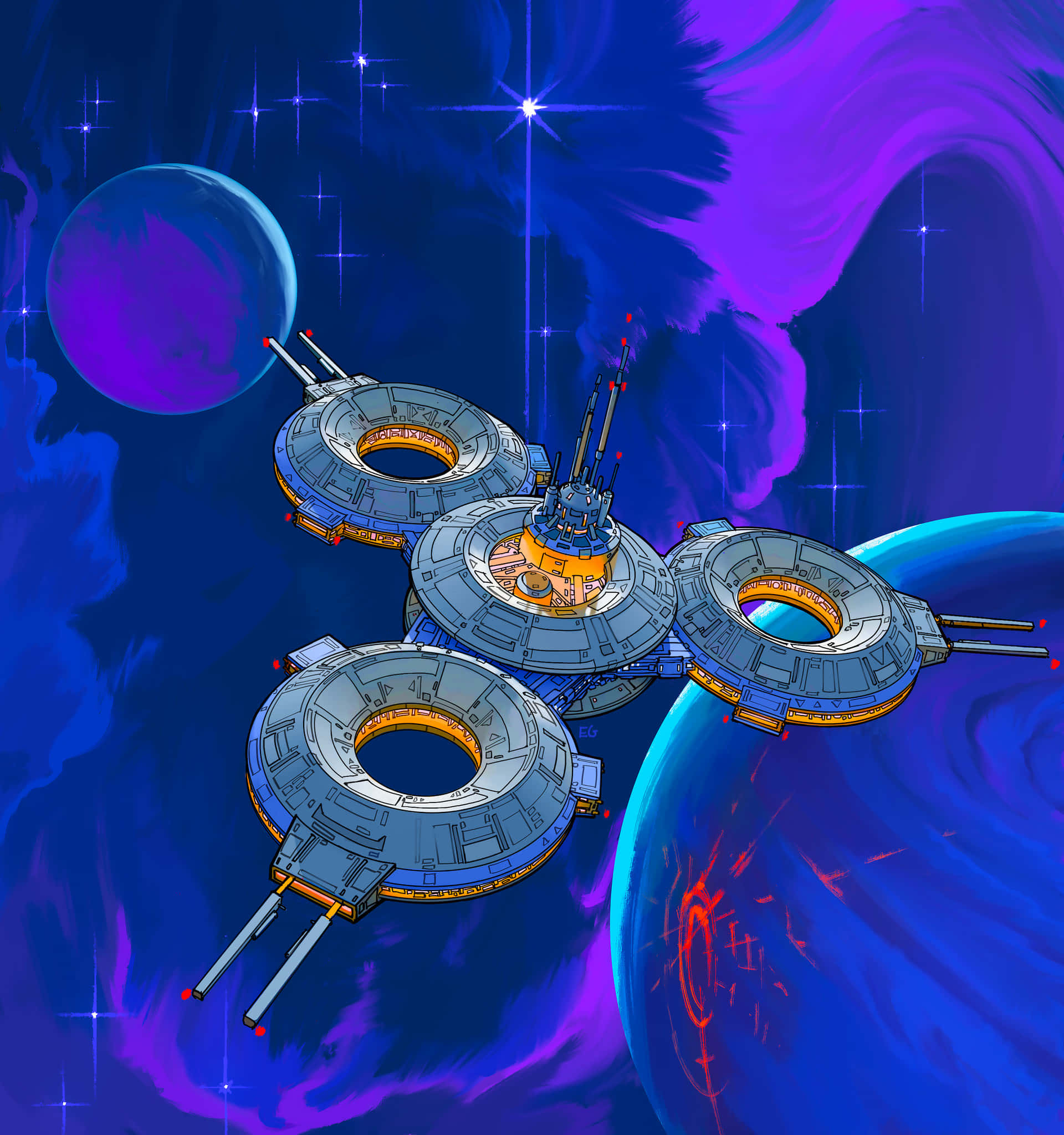 Spaceship 桌布 壁紙 — 一個設有四個環形模組的未來太空站，在星光宇宙天空下，於發光的藍色和紫色行星之間運行。