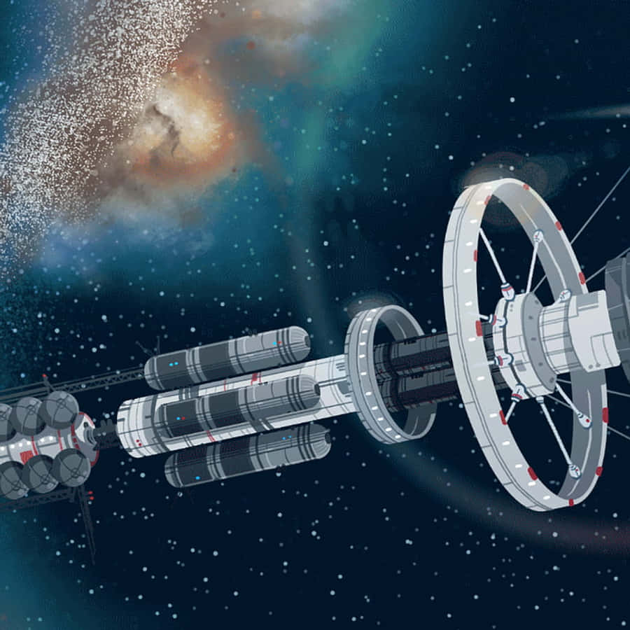 Interstellar Travel 桌布 壁紙 — 一個設有旋轉居住區和對接模組的未來太空站，漂浮在充滿活力的星雲和星場前。