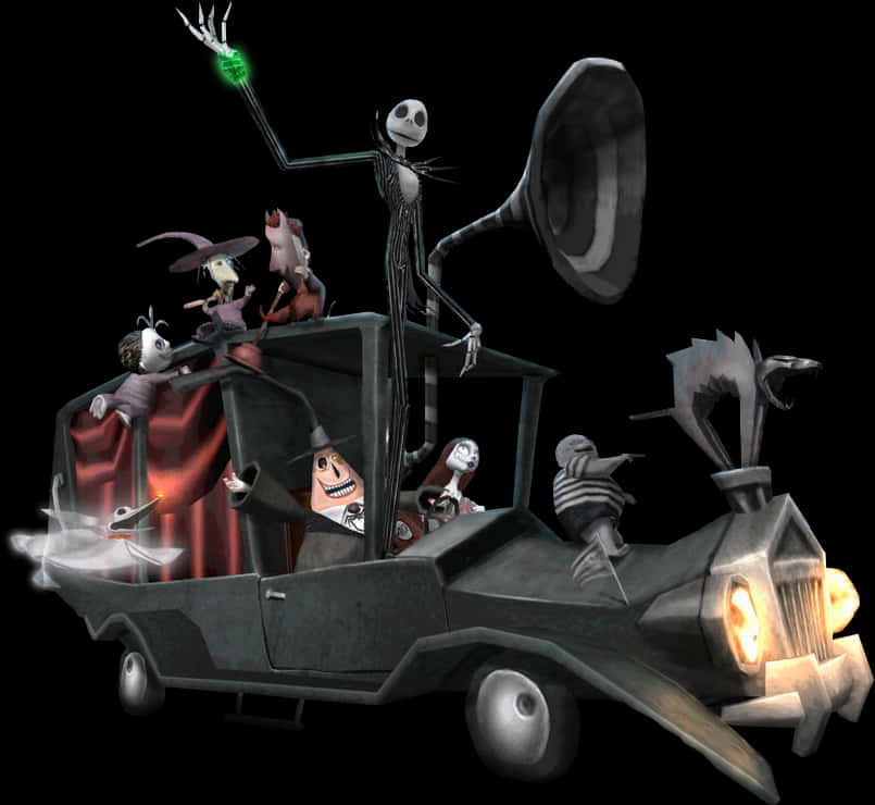 Nightmare Before Christmas Characters 桌布 壁紙 — 一個詭異的動畫團隊乘坐一輛發著光的鬼車，背景為黑色。