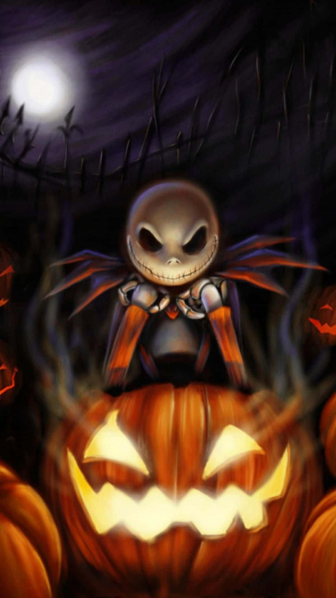 Nightmare Before Christmas Phone 桌布 壁紙 — 一個詭異的動畫骷髏男孩坐在滿月下黑暗鬧鬼森林中發光的傑克南瓜燈上。