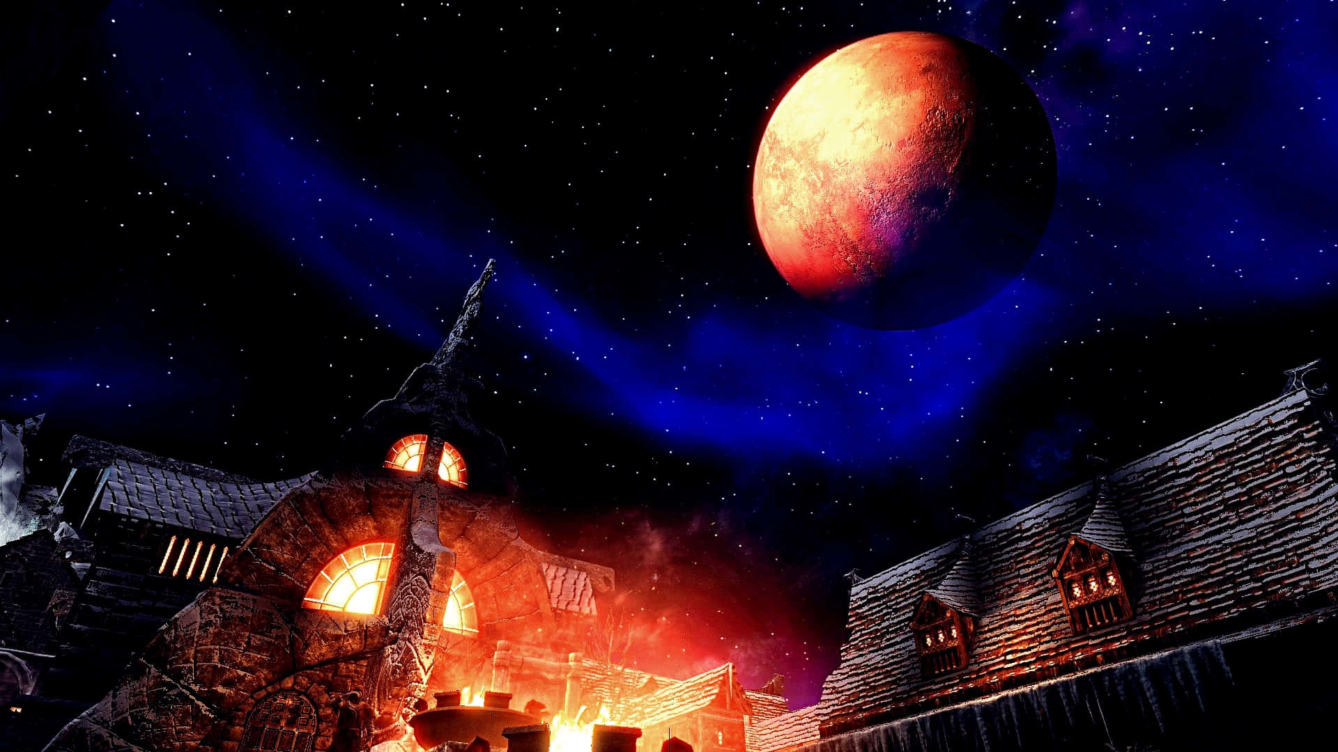 Skyrim Windhelm 桌布 壁紙 — 一個詭異的石頭村莊在繁星點點的藍色夜空下，在一顆巨大的紅色行星下溫暖地發光。