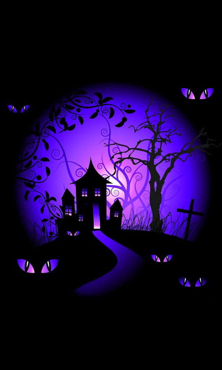 Neon Halloween 桌布 壁紙 — 一個詭異的紫色鬼屋剪影，周圍環繞著發光的貓眼和扭曲的樹木，在黑暗的天空下。