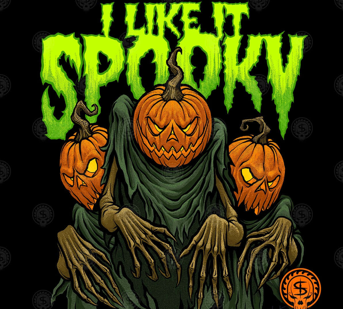 萬聖節動圖 桌布 壁紙 — 一個詭異的綠色發光文字寫著「LIKE IT SPOOKY」，上方是一個披著綠色長袍、手持三個發光南瓜燈的骷髏形象。