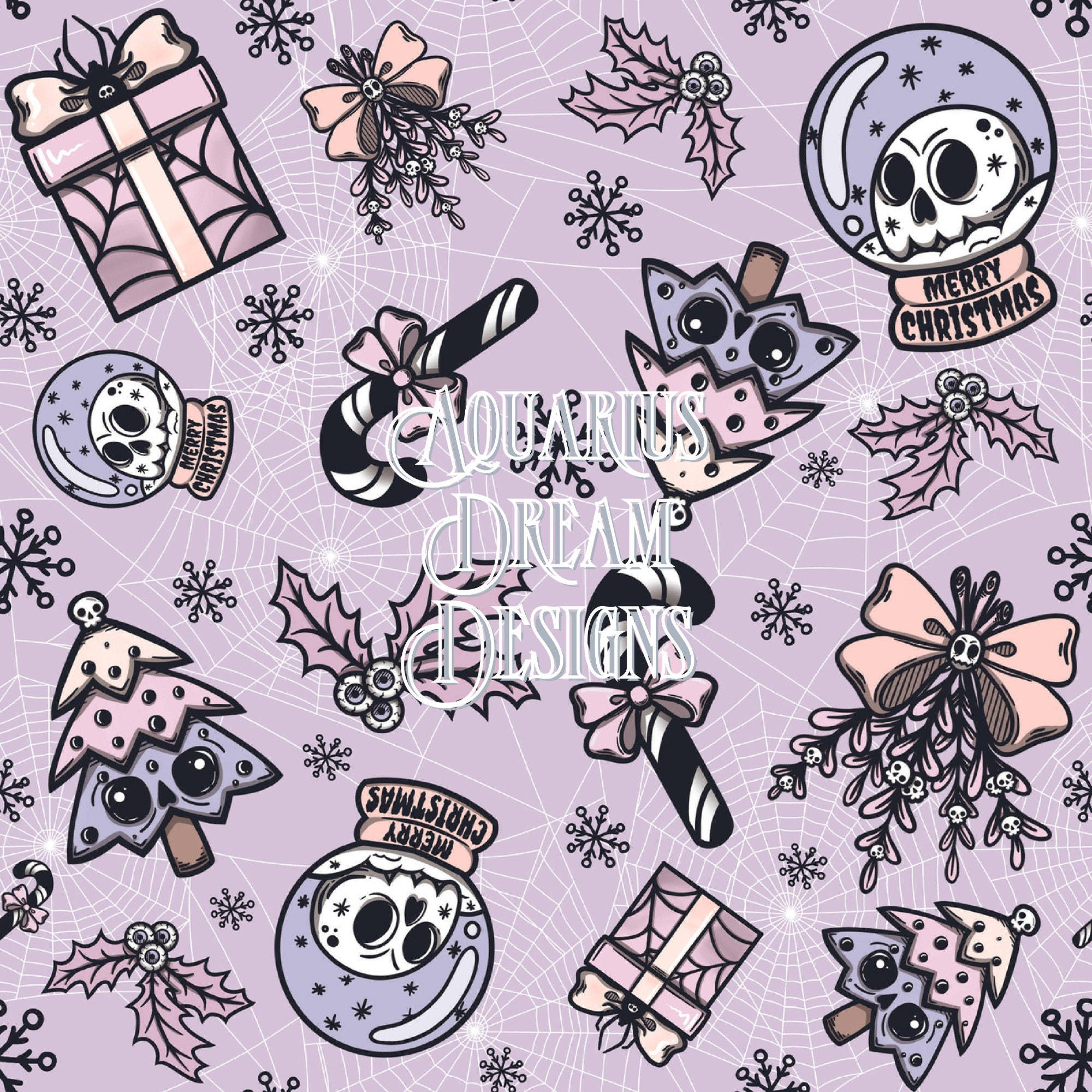 Gothic Christmas 桌布 壁紙 — 一個詭異的聖誕圖案，以骷髏主題裝飾、拐杖糖和冬青為特色，背景是薰衣草色蜘蛛網。