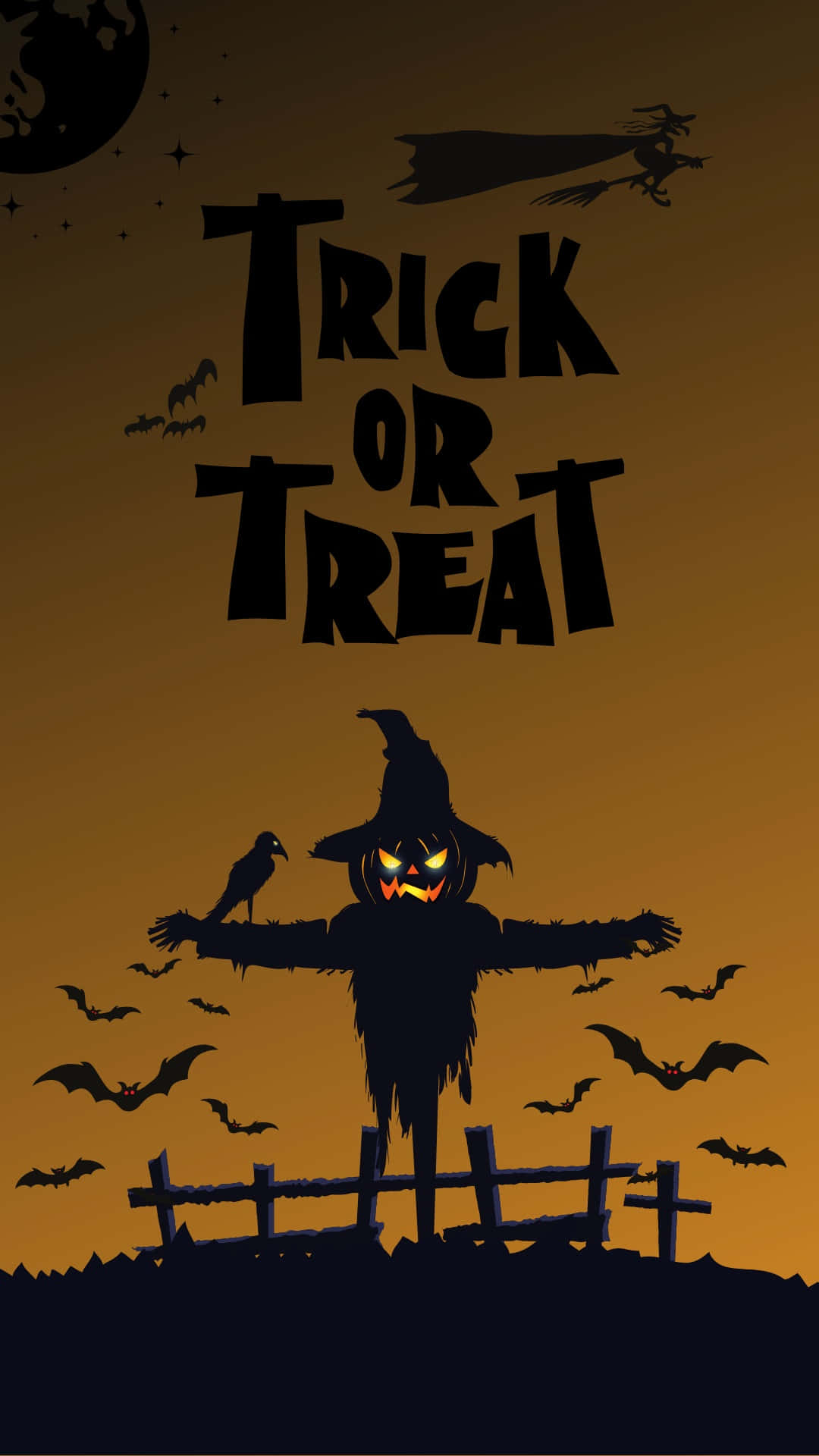 Halloween Phone 桌布 壁紙 — 一個詭異的萬聖節場景，一個傑克南瓜燈稻草人站在籬笆上，橙色天空下有蝙蝠和女巫飛過。