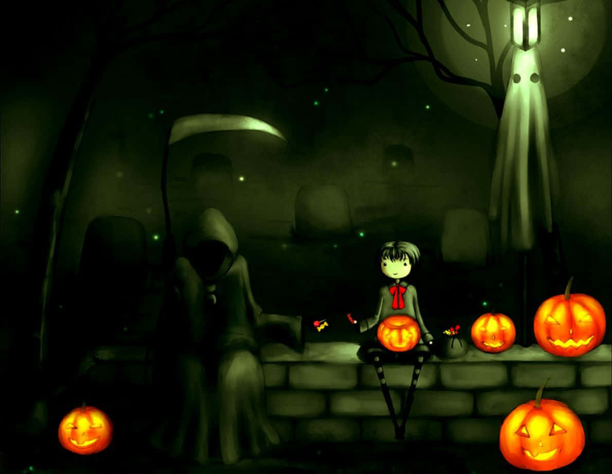 Funny Halloween 桌布 壁紙 — 一個詭異的萬聖節場景，一個孩子拿著發光的傑克南瓜燈，旁邊是死神，在霧氣瀰漫的墓地裡，幽靈般的燈籠下。