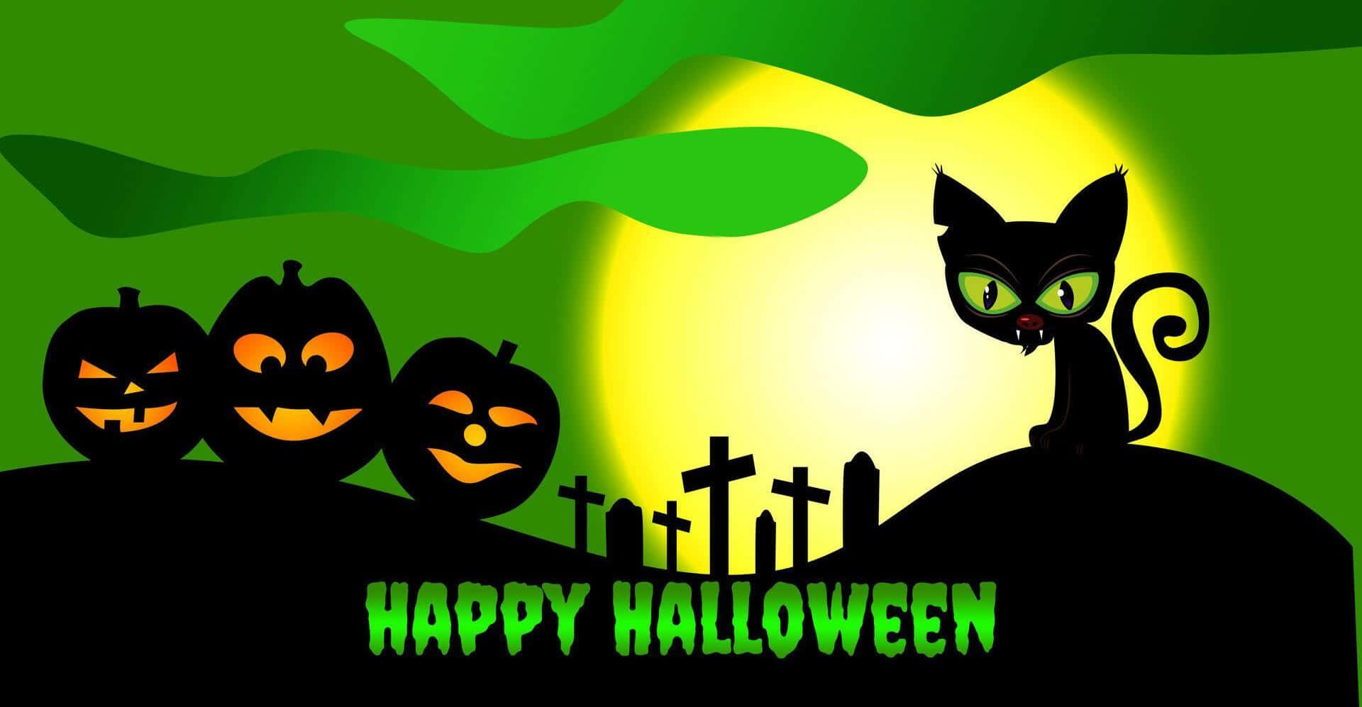 Happy Halloween 桌布 壁紙 — 一個詭異的萬聖節場景，三個傑克南瓜燈和一隻黑貓棲息在發光的黃色月亮下的小山上。
