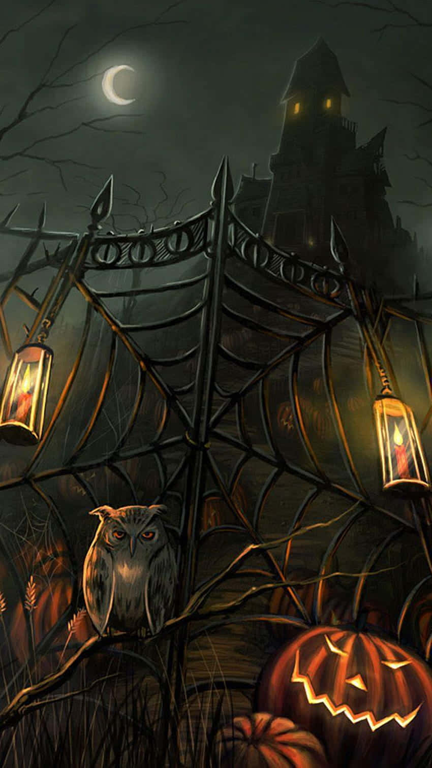 Halloween Pumpkin 桌布 壁紙 — 一個詭異的萬聖節場景，在彎月下，一隻發光的傑克南瓜燈貓頭鷹棲息在鬼屋城堡附近。