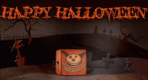 Spooky 桌布 壁紙 — 一個詭異的萬聖節場景，在黑暗的天空下，墓地裡有一個傑克南瓜燈盒子，上面有橙色文字。
