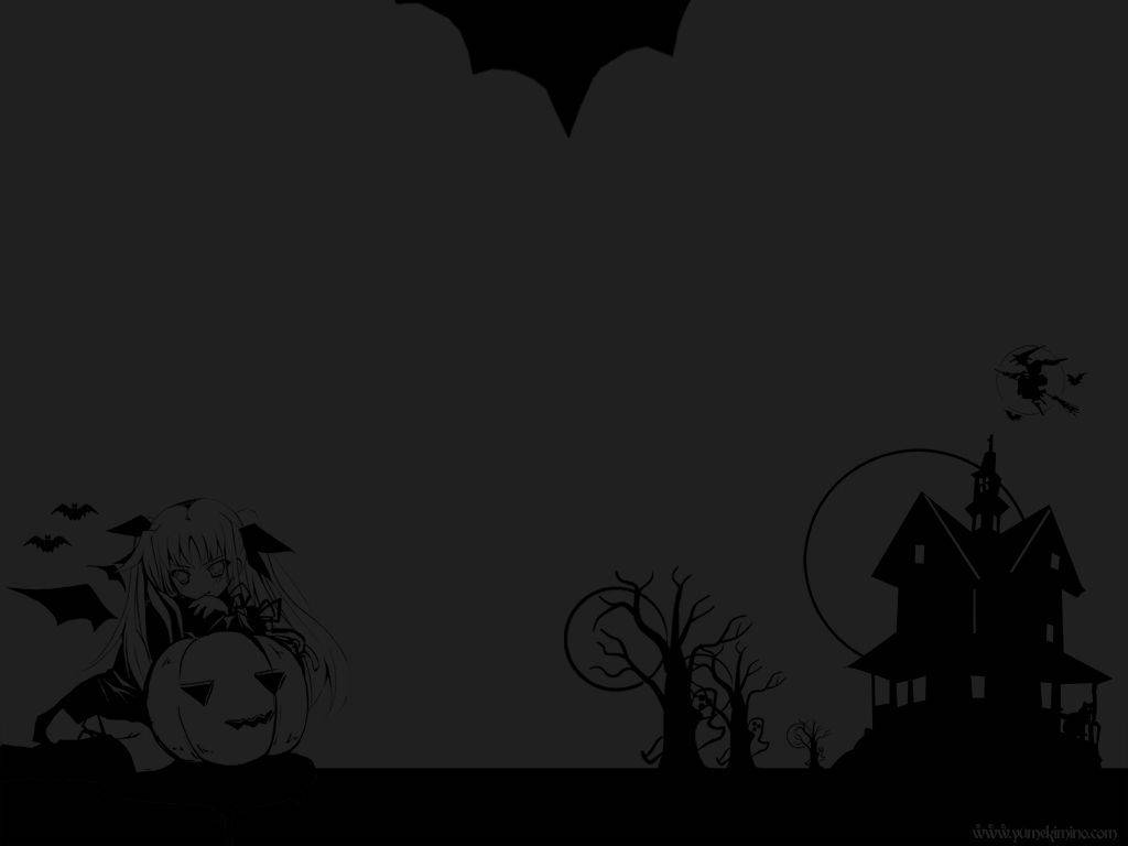 Dark Halloween 桌布 壁紙 — 一個詭異的萬聖節場景，女巫拿著傑克南瓜燈，鬼屋和蝙蝠在黑暗的天空中。