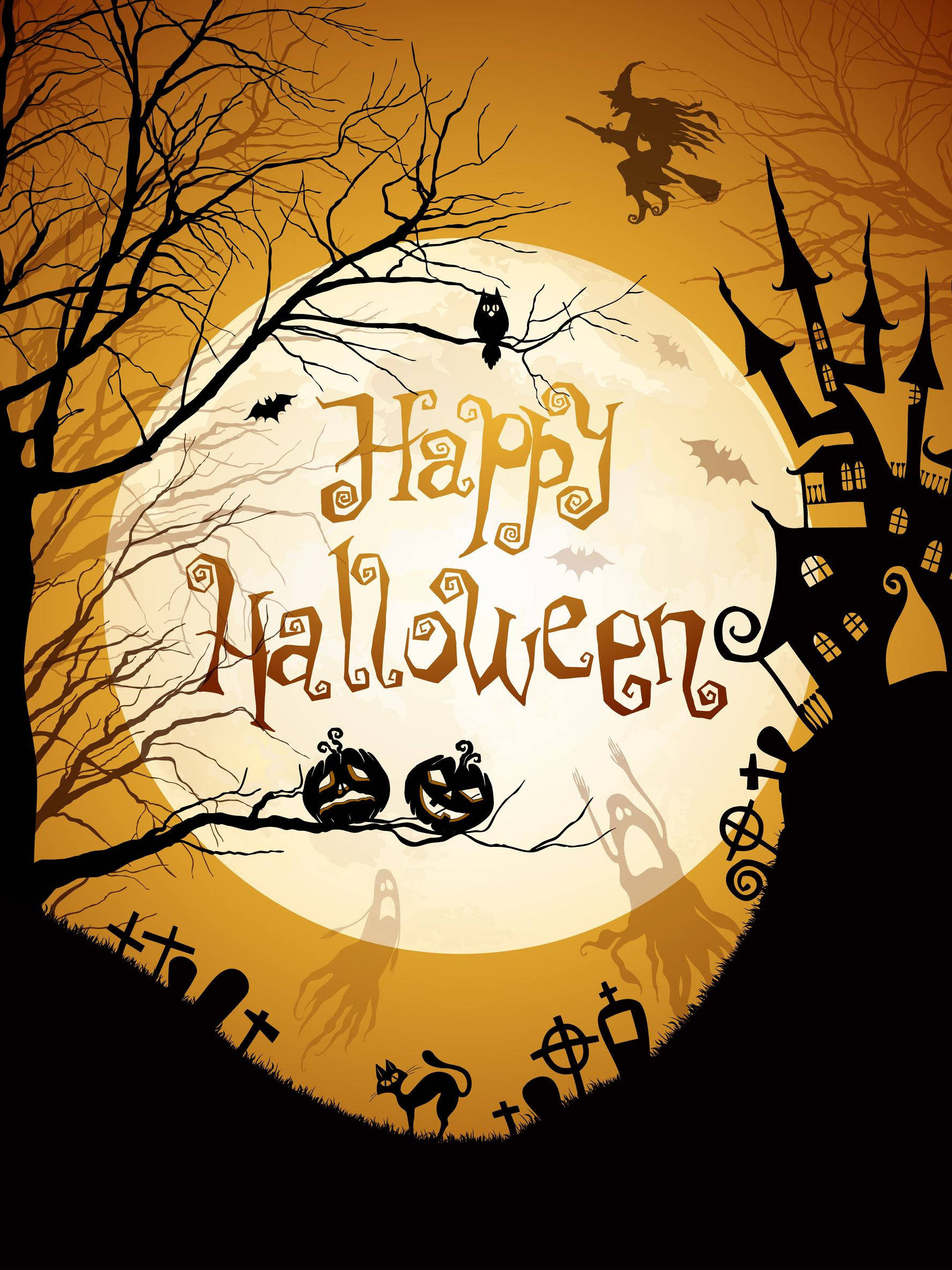 Happy Halloween 桌布 壁紙 — 一個詭異的萬聖節場景，有滿月、鬼屋城堡、飛行的女巫、南瓜和鬼魂，背景是橙色天空。