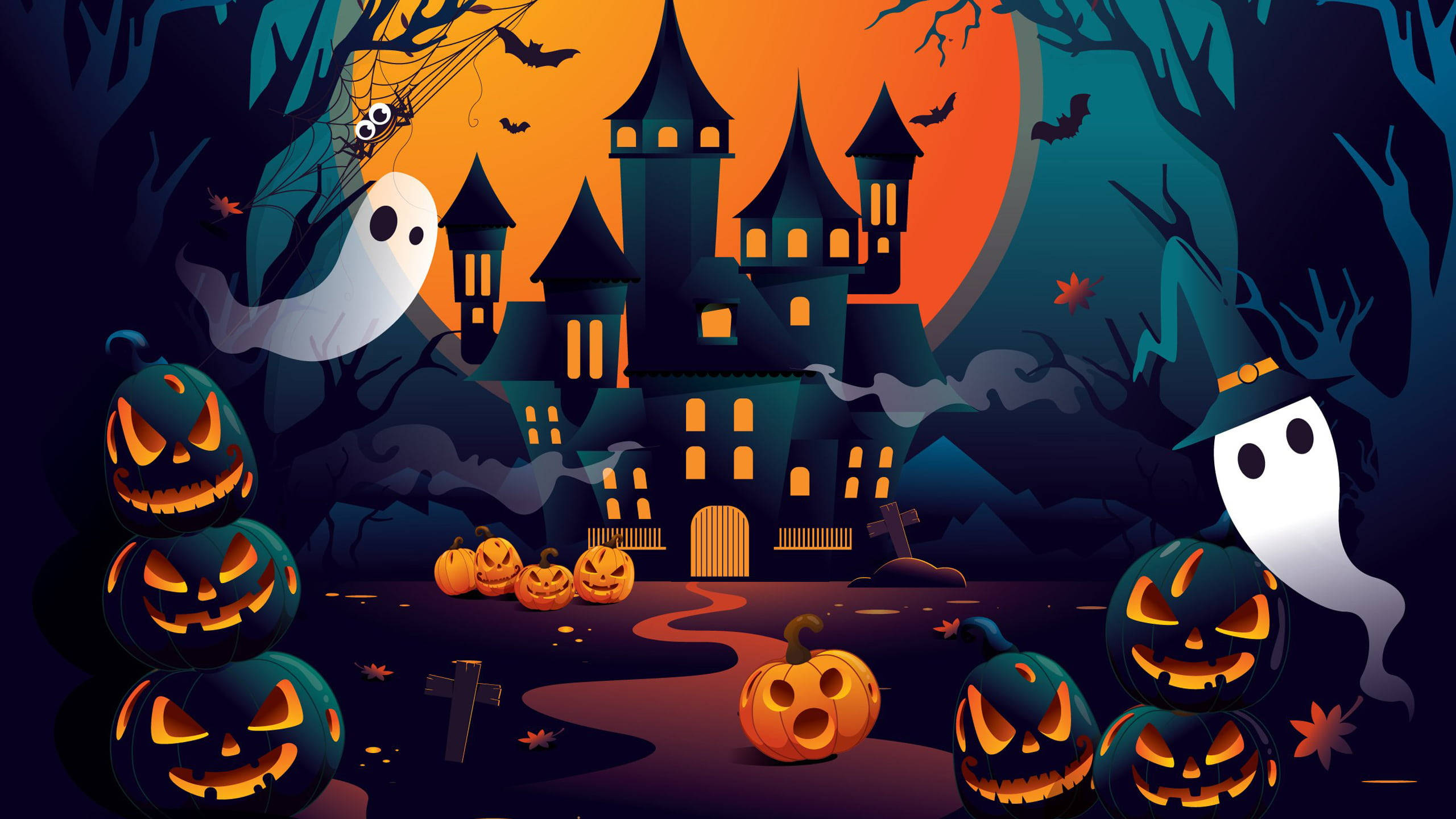Cute Halloween Desktop 桌布 壁紙 — 一個詭異的萬聖節場景，有發光的南瓜燈、漂浮的鬼魂和橙色月亮下的鬼屋城堡。