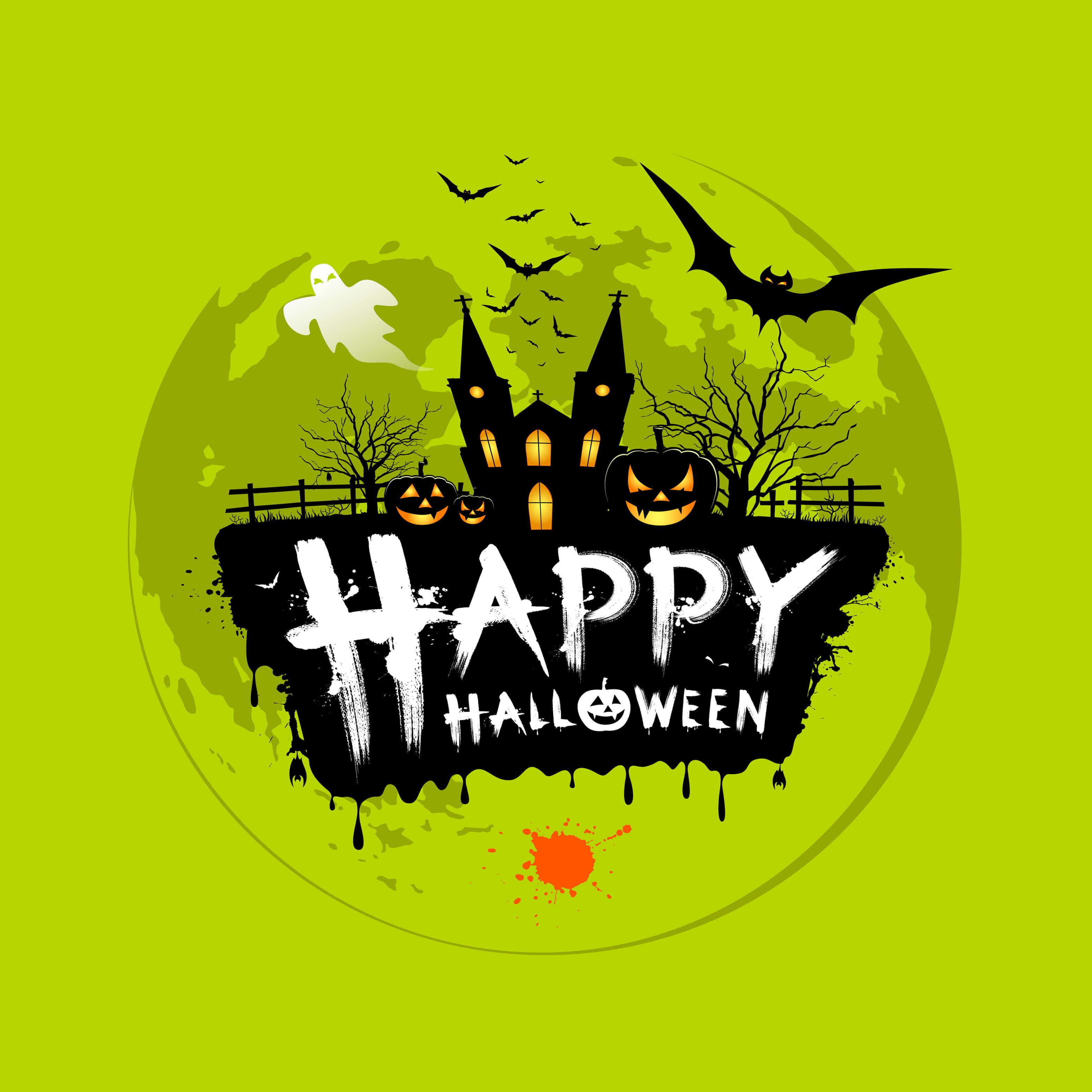 Happy Halloween 桌布 壁紙 — 一個詭異的萬聖節場景，有鬼屋、南瓜燈、蝙蝠和鬼魂，背景是萊姆綠色。