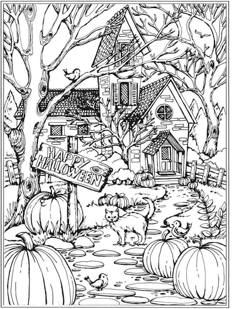 Fall Coloring 桌布 壁紙 — 一個詭異的萬聖節場景，有鬼屋、南瓜、貓和鳥圍繞著一條石徑。