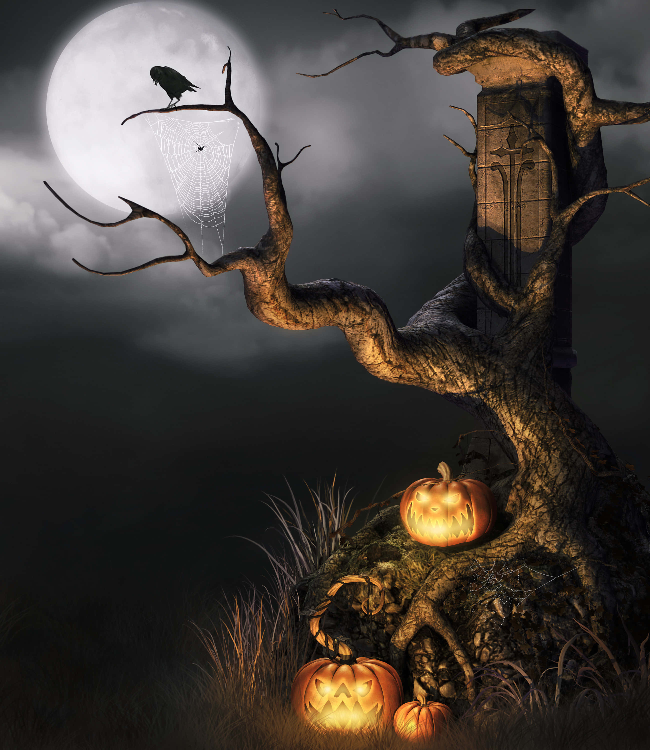 Jack O Lantern 桌布 壁紙 — 一個詭異的萬聖節場景，滿月下發光的南瓜燈，一隻烏鴉棲息在扭曲的樹枝上。