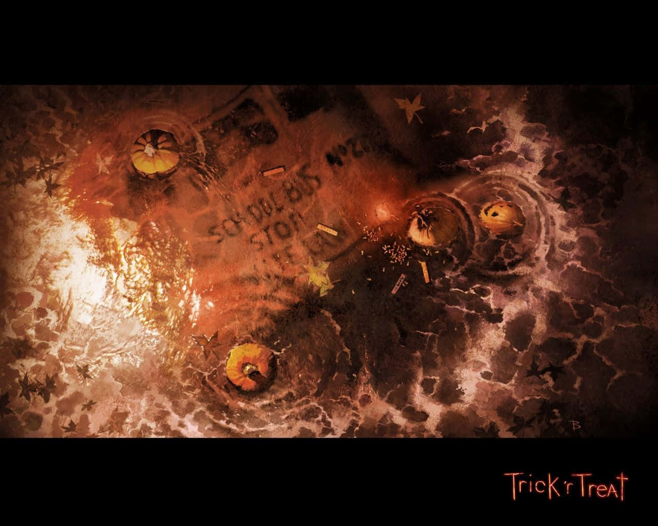 Pumpkin 桌布 壁紙 — 一個詭異的萬聖節場景，發光的傑克南瓜燈漂浮在橙色和黑色煙霧的漩渦中，伴有星星和散落的骨頭。
