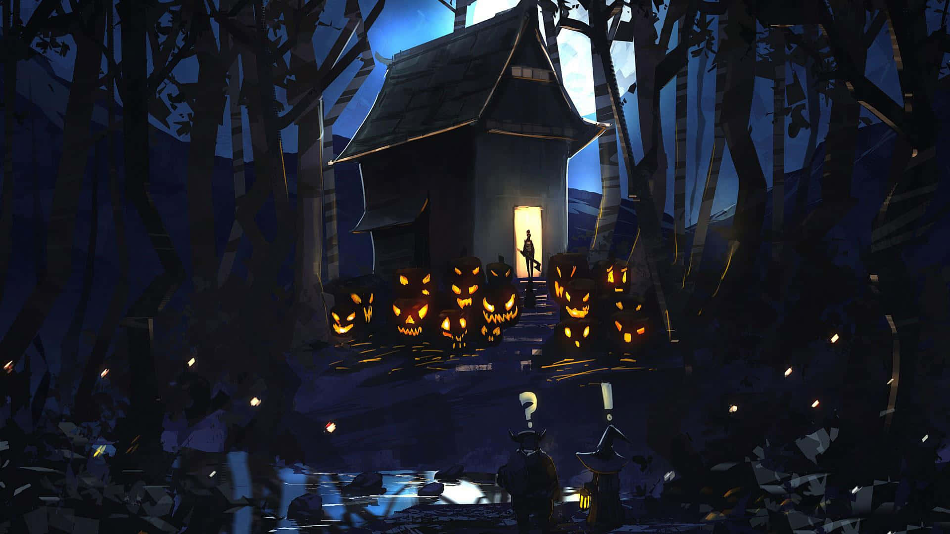 Spooky Halloween 桌布 壁紙 — 一個詭異的萬聖節場景，發光的南瓜燈排列在一條通往鬼屋的小徑上，天空月光皎潔。