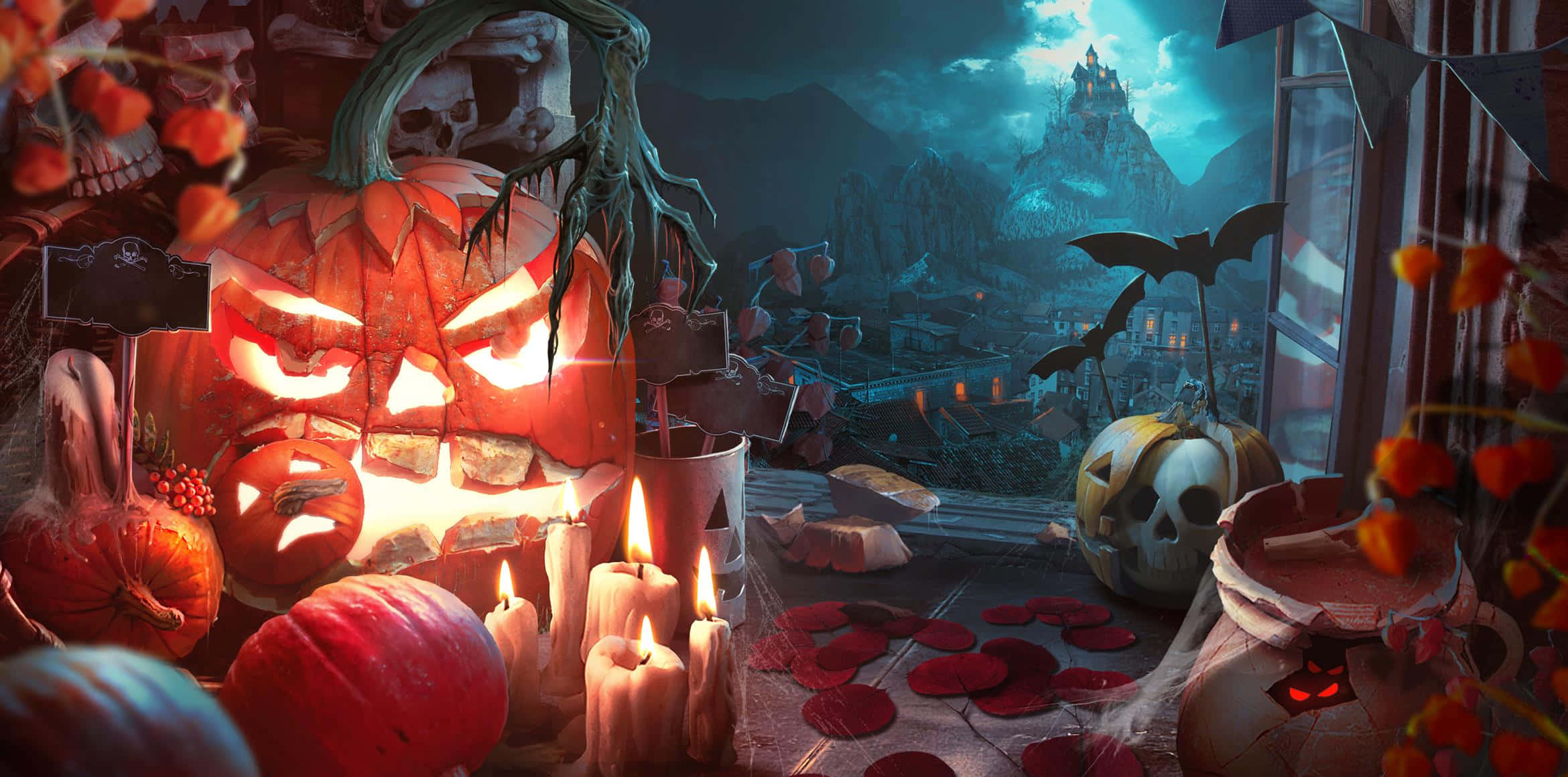 Halloween Games 桌布 壁紙 — 一個詭異的萬聖節場景，發光的南瓜燈、蠟燭、頭骨和蝙蝠，以月光下的鬼城堡為背景。