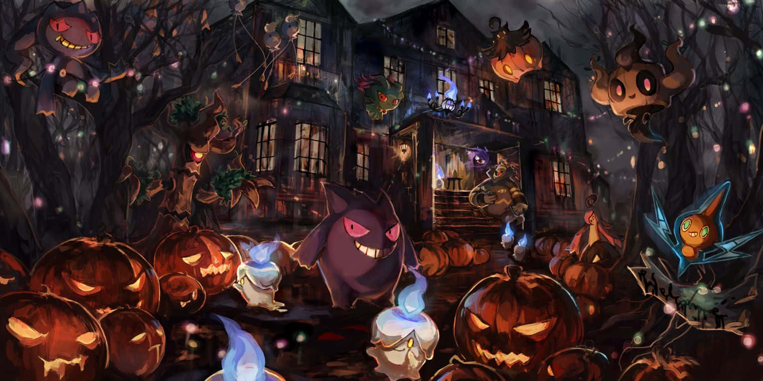 Ghost Pokemon 桌布 壁紙 — 一個詭異的萬聖節場景，耿鬼和其他寶可夢在鬼屋周圍徘徊，四周環繞著發光的南瓜燈。