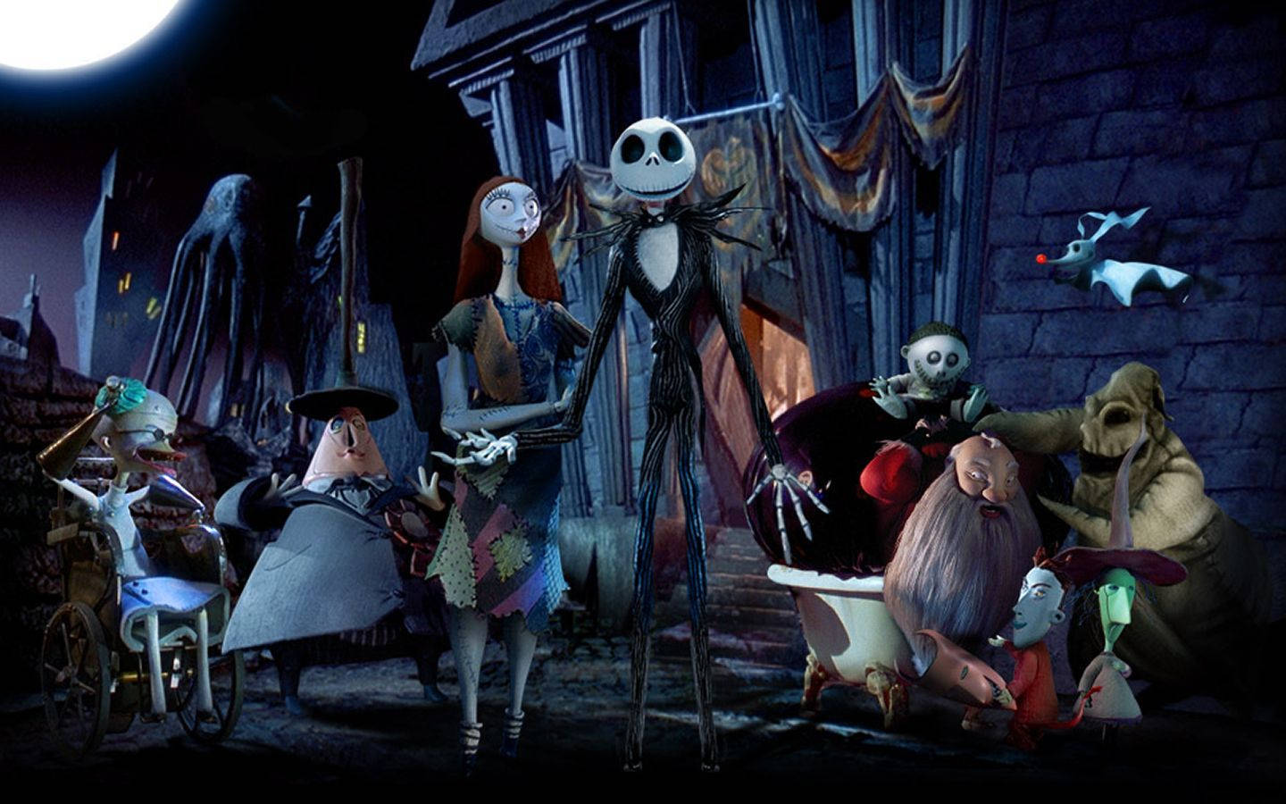 nightmare 桌布 壁紙 — 一個詭異的萬聖節夜晚場景， featuring Jack Skellington 和 Sally 以及其他動畫角色，在哥德式鬼屋中，滿月之下。