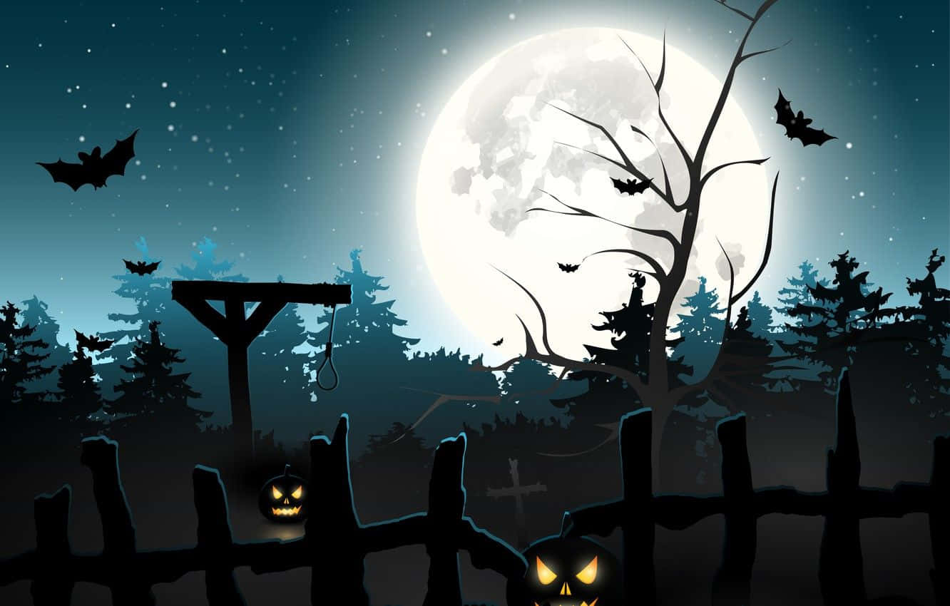 Moon Lighting 桌布 壁紙 — 一個詭異的萬聖節夜晚場景，有發光的傑克南瓜燈、蝙蝠和光禿樹木後的滿月。