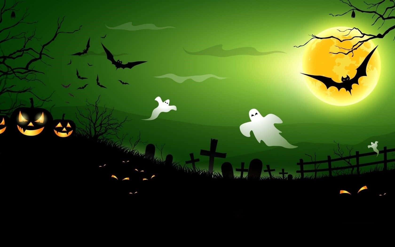 Spooky Halloween 桌布 壁紙 — 一個詭異的萬聖節夜晚場景，有發光的傑克南瓜燈、鬼魂、蝙蝠和墓地上空的滿月。