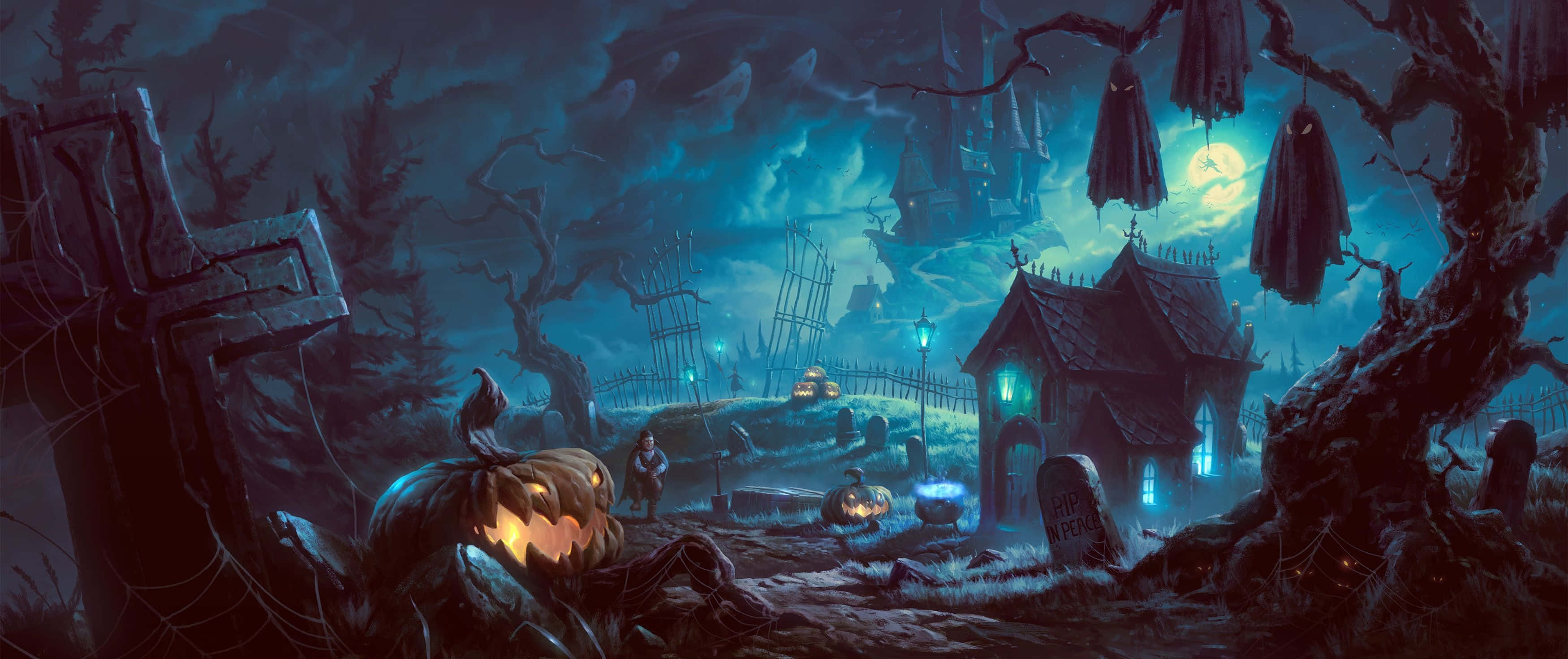 Scary Halloween Desktop 桌布 壁紙 — 一個詭異的萬聖節夜晚場景，有發光的傑克南瓜燈、鬼屋和滿月下飛翔的蝙蝠。