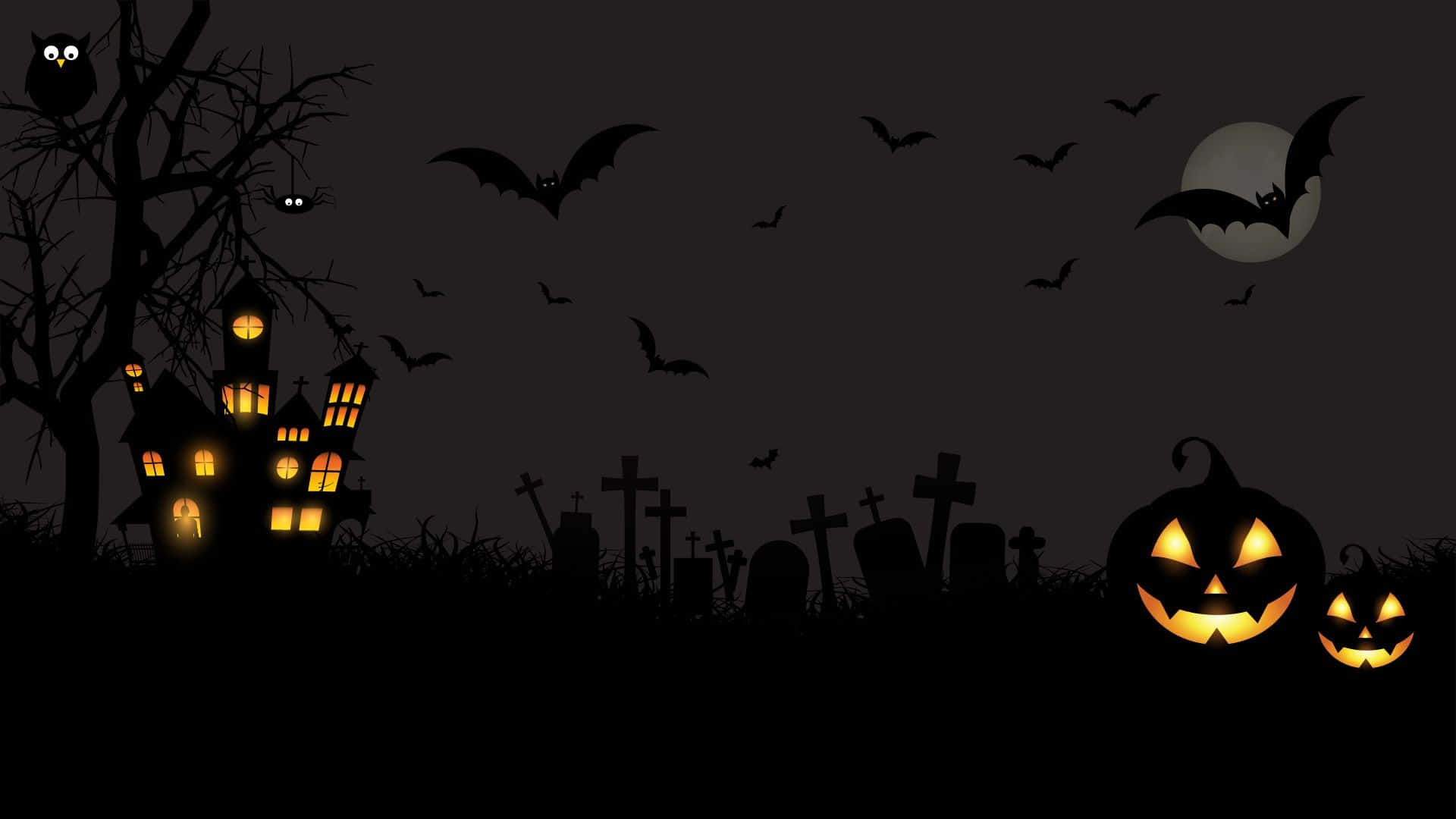 Scary Halloween Desktop 桌布 壁紙 — 一個詭異的萬聖節夜晚場景，有發光的南瓜燈、蝙蝠和一座鬼屋，在滿月的襯托下呈現剪影。