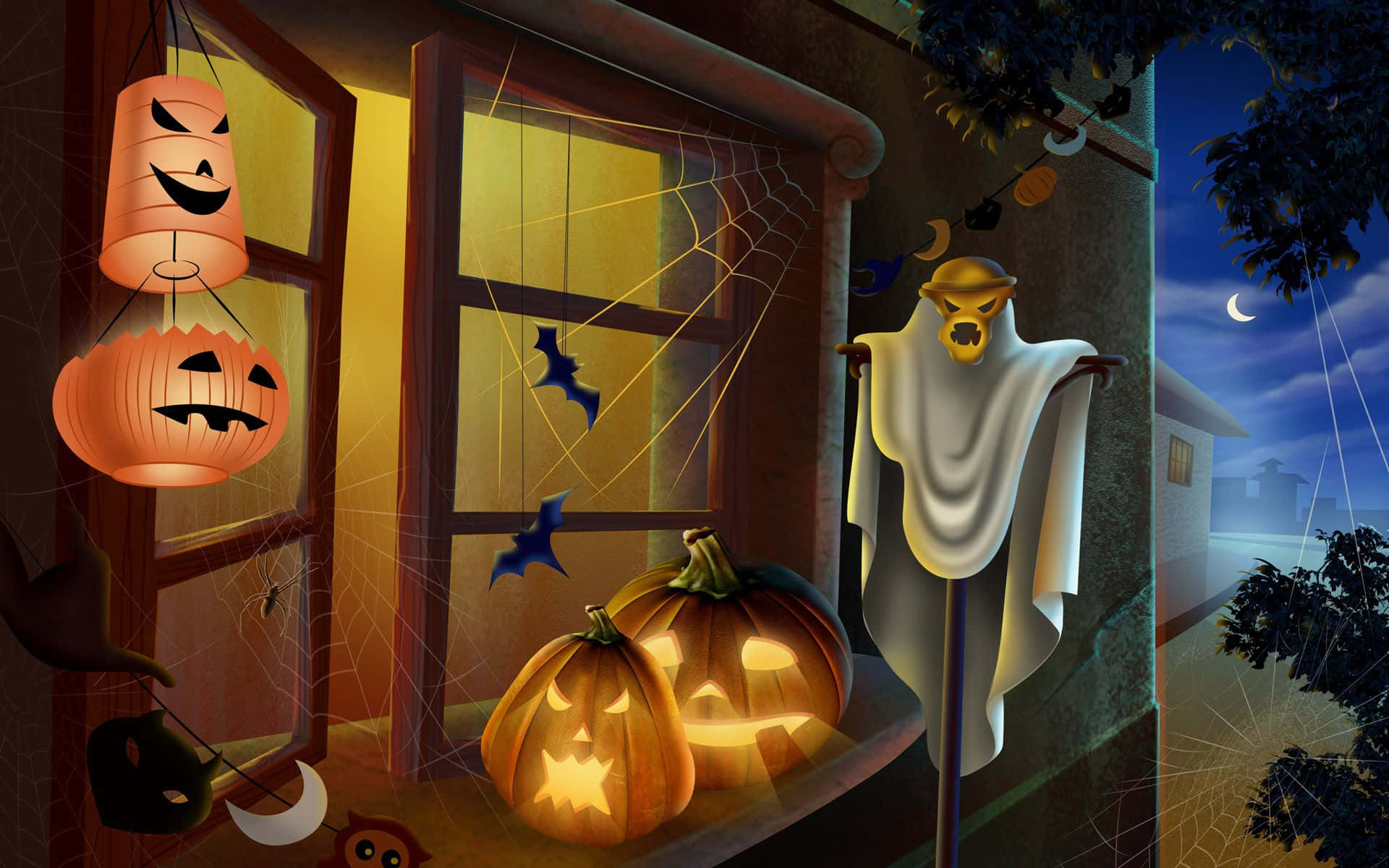 Scary Halloween Desktop 桌布 壁紙 — 一個詭異的萬聖節夜晚場景，有發光的南瓜燈、蝙蝠和一個懸掛在窗邊的幽靈般的身影。