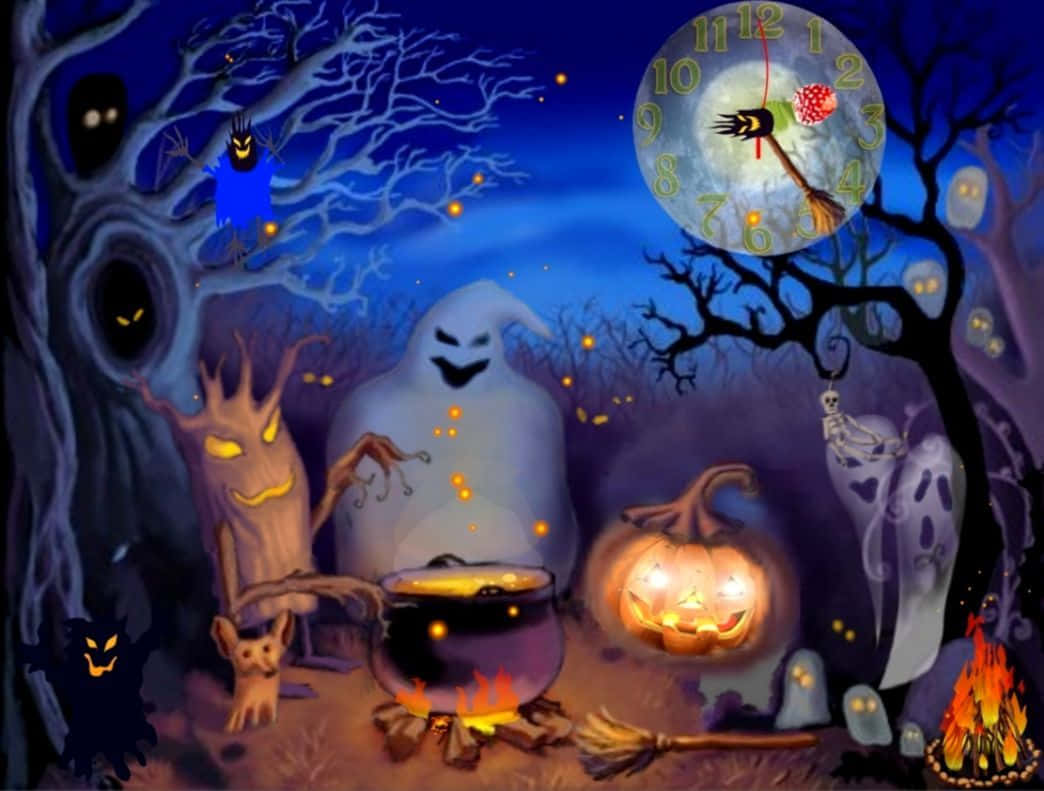 Animated Halloween 桌布 壁紙 — 一個詭異的萬聖節夜晚場景，有鬼魂、南瓜和女巫的大鍋，在月光照耀的天空下。