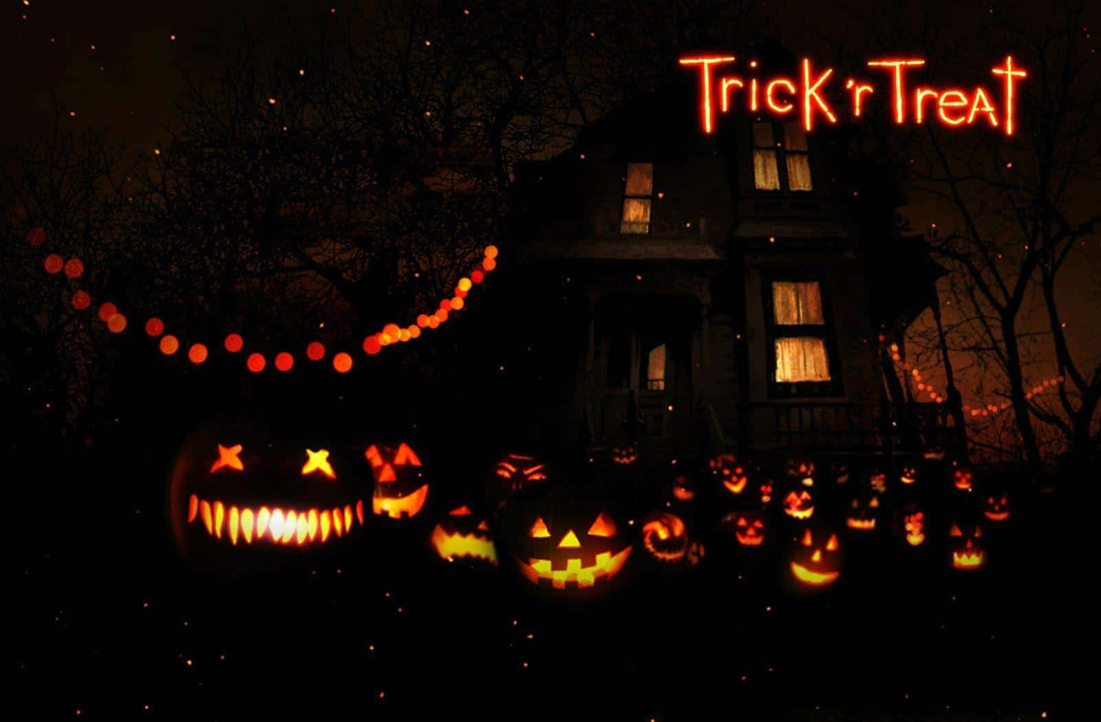 Trick-or-treaters 桌布 壁紙 — 一個詭異的萬聖節夜晚場景，發光的南瓜燈排列在黑暗的門廊上，前面是一間窗戶亮著燈、掛著發光「Trick r Treat」標誌的鬼屋。