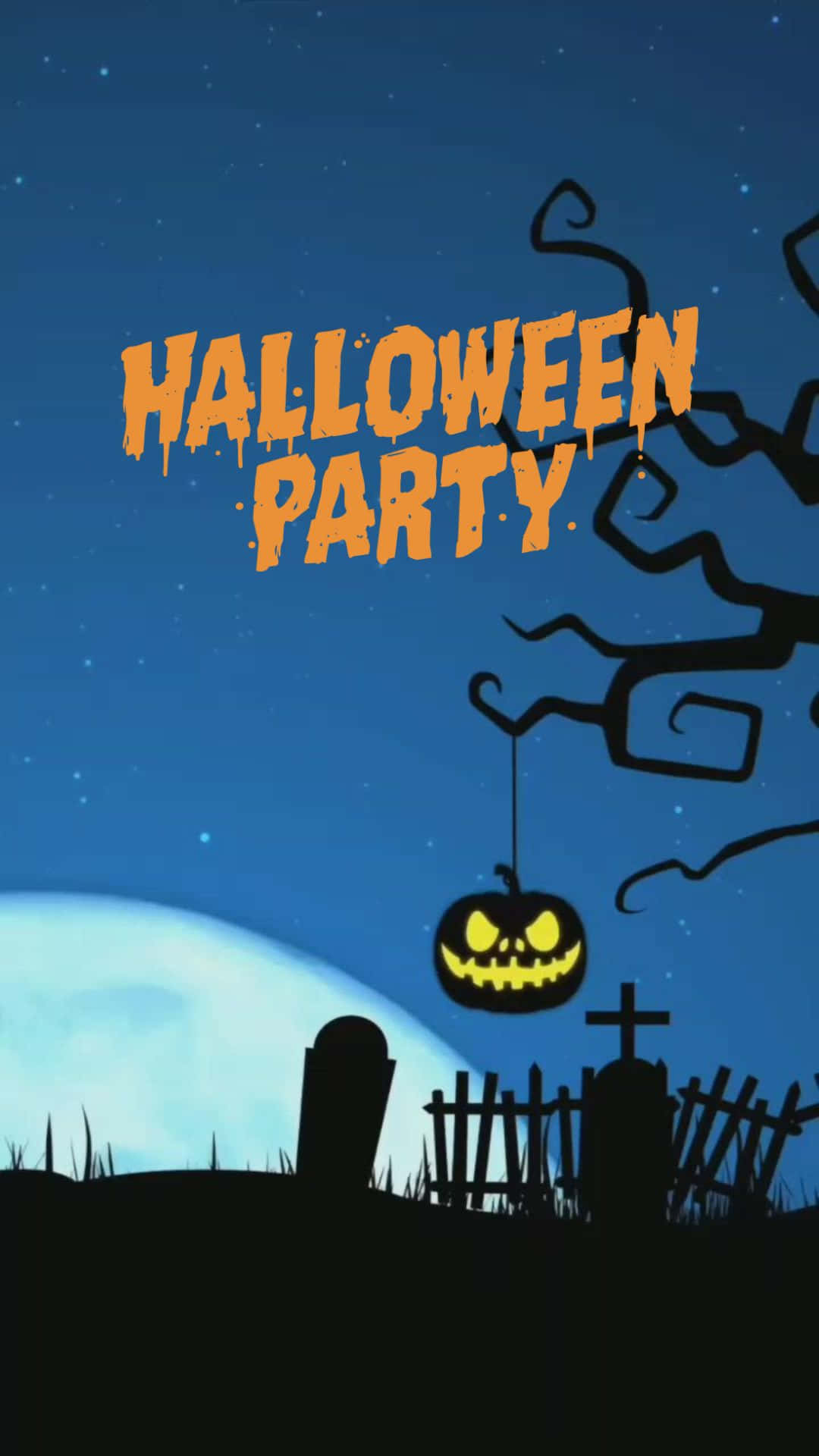 Halloween Party 桌布 壁紙 — 一個詭異的萬聖節夜晚場景，發光的傑克南瓜燈掛在扭曲的樹枝上，下方是星空下的墓地。