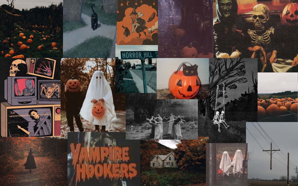 Halloween Macbook 桌布 壁紙 — 一個詭異的萬聖節拼貼畫，以南瓜、鬼魂、骷髏和復古恐怖電影海報為特色，背景是陰森的秋季場景。
