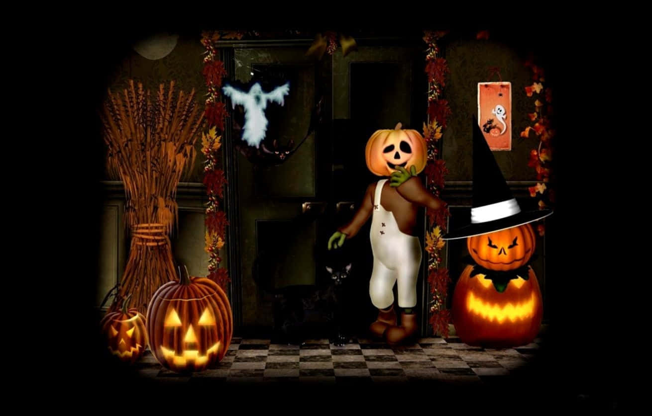 Animated Halloween 桌布 壁紙 — 一個詭異的萬聖節門口，裝飾著發光的傑克南瓜燈、一個幽靈般的身影和秋葉，在方格地板上投射出怪異的光芒。