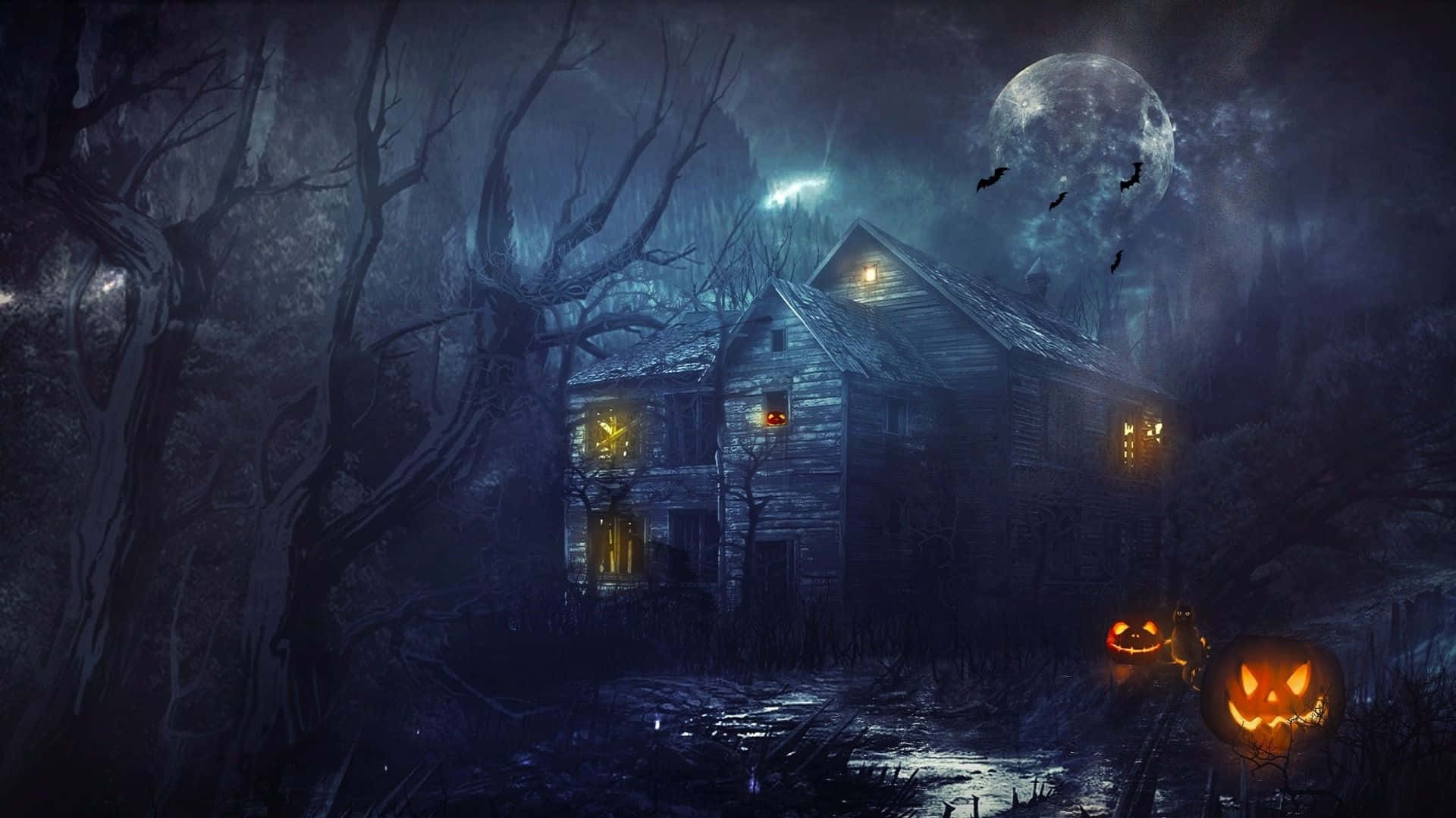 Haunted Mansion 桌布 壁紙 — 一個詭異的鬼屋，發光的窗戶和南瓜燈，滿月下有蝙蝠飛翔。