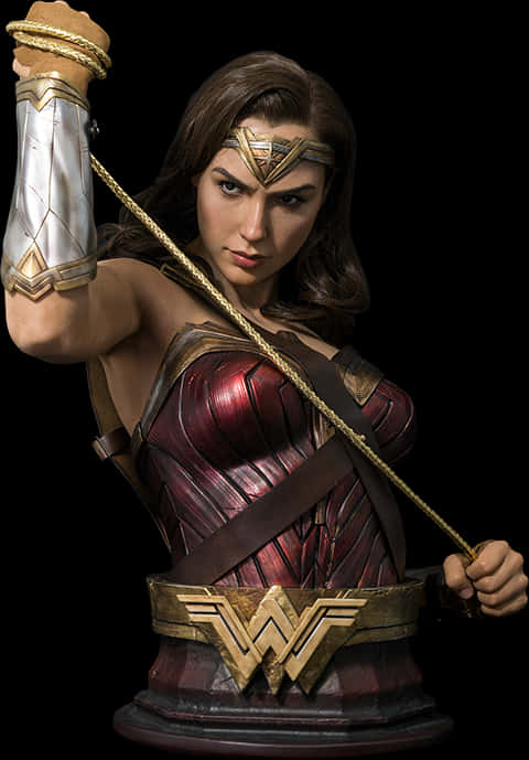 超級英雄 桌布 壁紙 — 一個詳細的 Wonder Woman 半身像，穿著她標誌性的紅金銀盔甲，手持套索，背景為黑色。