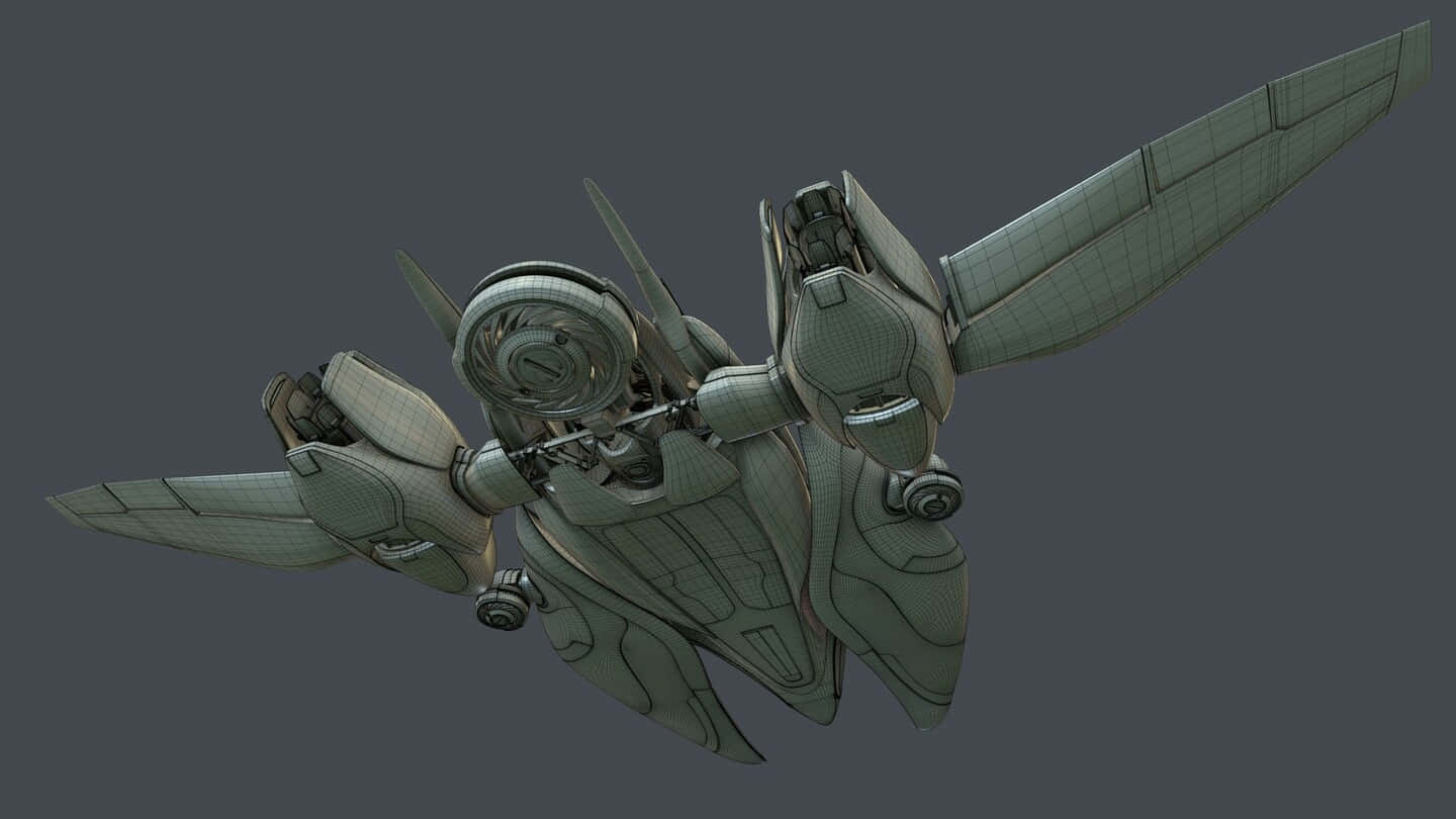 1440p Ashes Of The Singularity 桌布 壁紙 — 一個詳細的3D模型，展示了一款未來主義戰鬥機，帶有可見的線框幾何結構，背景為純灰色。