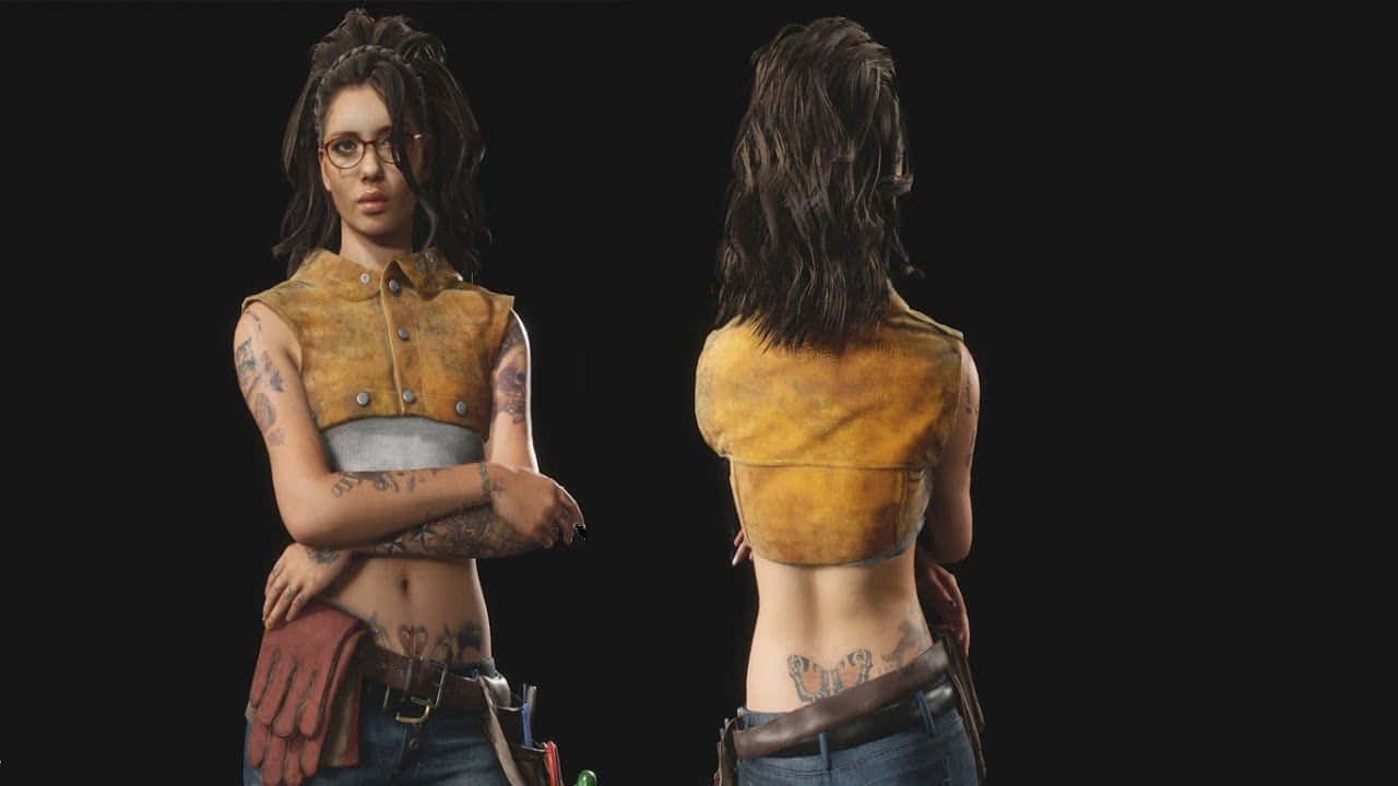Devil May Cry Characters 桌布 壁紙 — 一個詳細的3D渲染，展示一位刺青女子穿著黃色背心，正面和背面在黑色背景前。