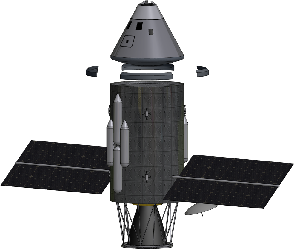 太空船 桌布 壁紙 — 一個詳細的3D渲染，展示一個灰色太空艙，帶有太陽能板和推進器，背景是黑色虛空。