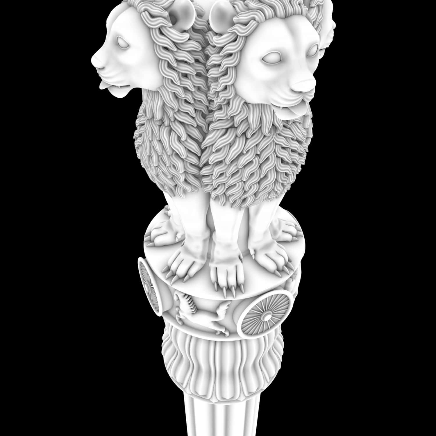 獅子 桌布 壁紙 — 一個詳細的3D渲染，展示了一個白色獅子柱頭雕塑，有兩個面對面的獅頭和柱子上精緻的雕刻，背景為黑色。