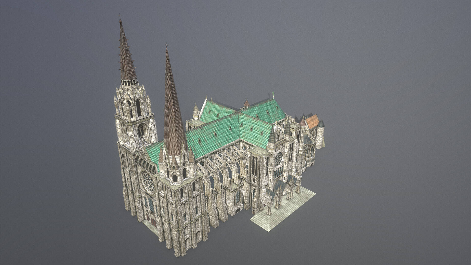 3D 桌布 壁紙 — 一個詳細的3D渲染，展示了一座哥德式大教堂，擁有雙尖塔和綠色瓦片屋頂，背景為純灰色。