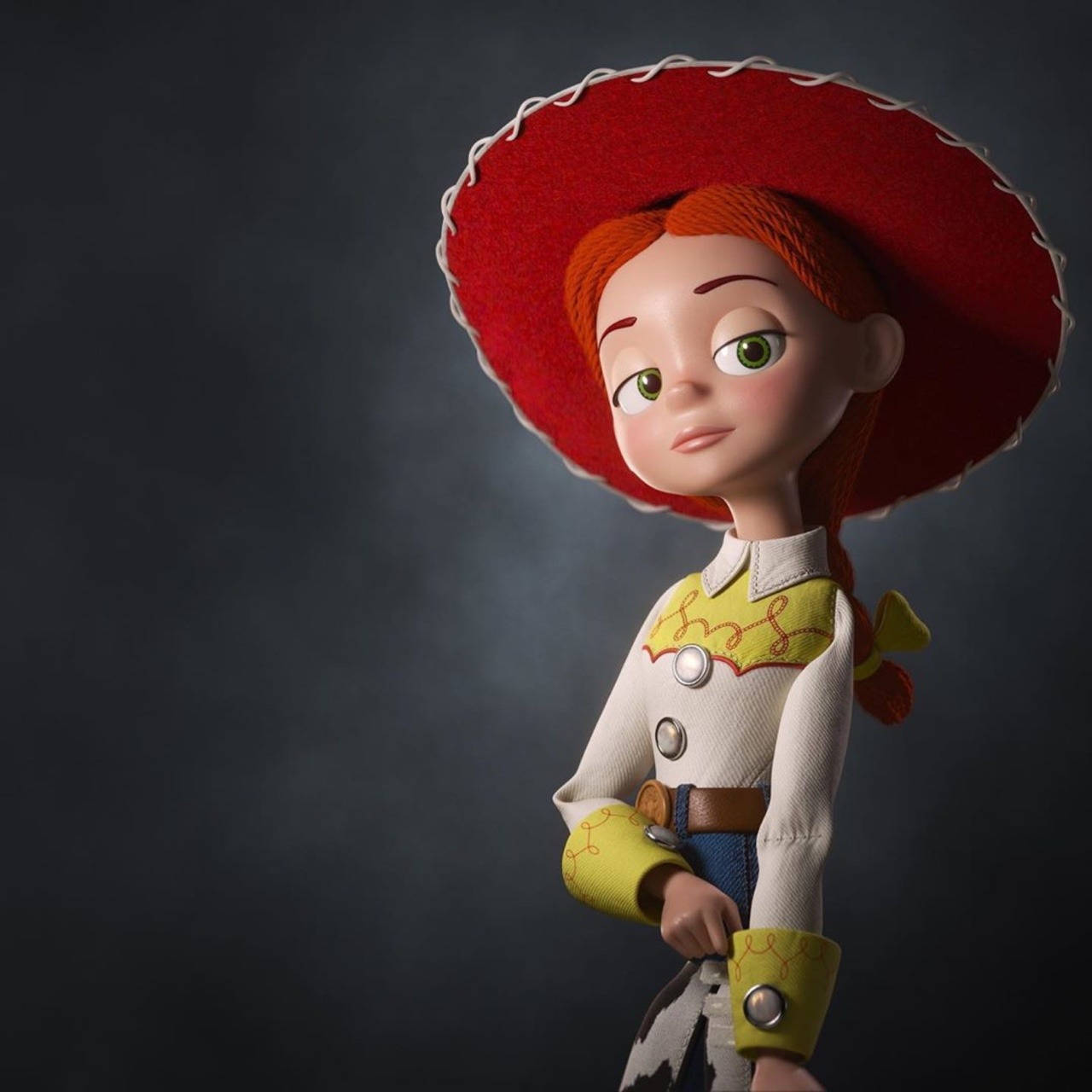 Jessie 桌布 壁紙 — 一個詳細的3D渲染，展示戴著紅色帽子、綠色眼睛和黃色點綴的牛仔女孩玩具Jessie，背景陰暗且富有氣氛。