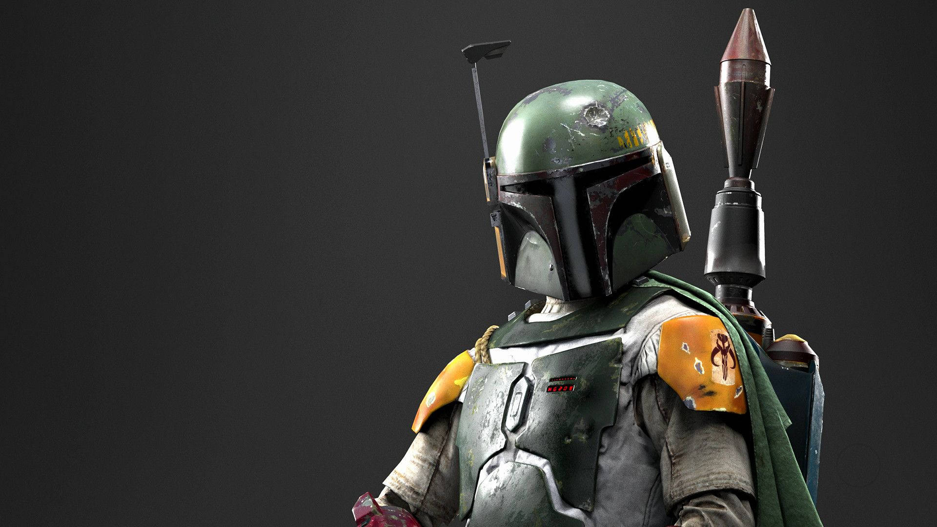 Boba 桌布 壁紙 — 一個詳細的3D渲染，展示波巴·費特穿著他標誌性的綠色和橙色盔甲，在黑暗背景下手持火箭發射器。