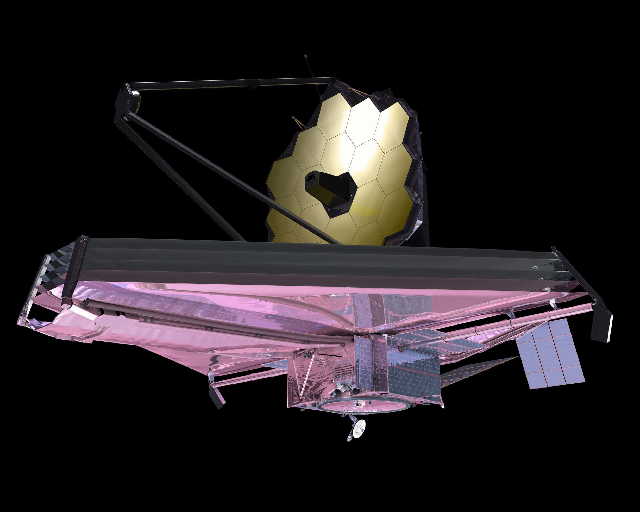 Telescope 桌布 壁紙 — 一個詳細的3D渲染，展示詹姆斯·韋伯太空望遠鏡，帶有金色六角形鏡面和粉紅色反射式遮陽罩，背景為黑色太空。