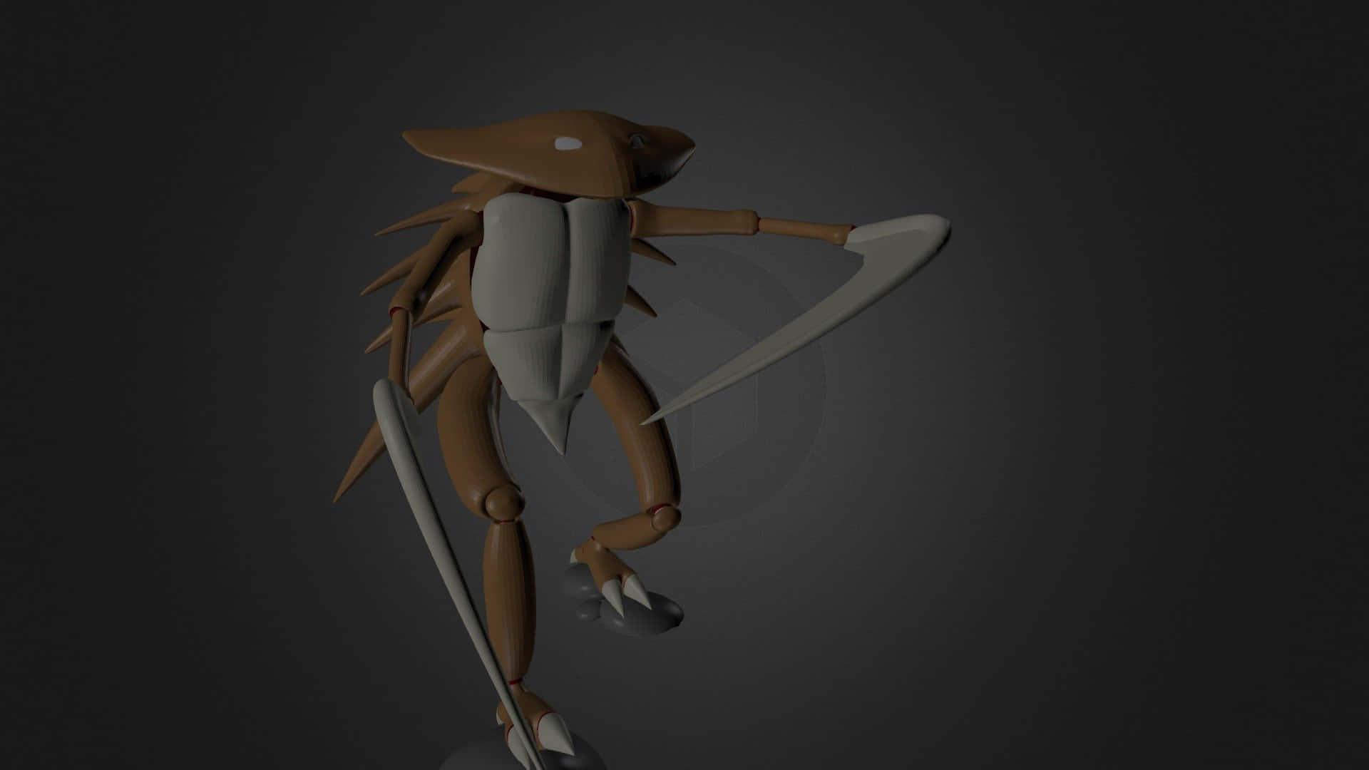 3D 桌布 壁紙 — 一個詳細的3D渲染，描繪一隻棕色裝甲生物在深色漸變背景上揮舞兩把彎曲刀刃。