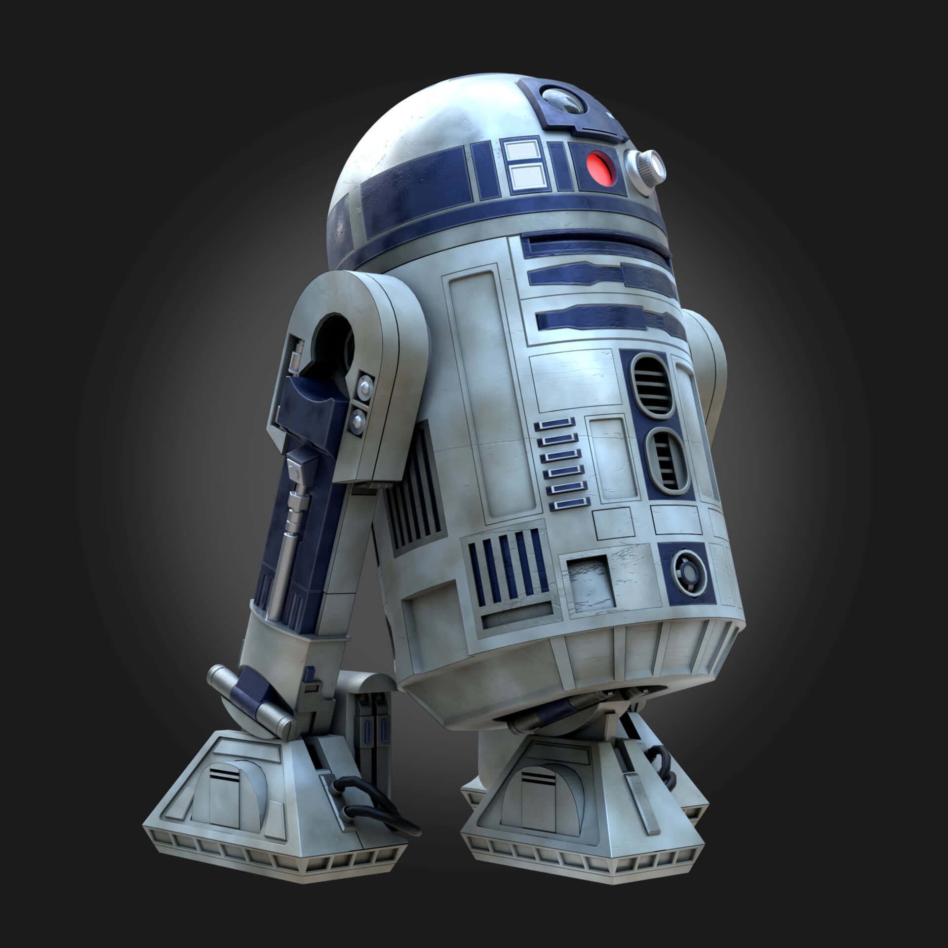 r2d2 桌布 壁紙 — 一個詳細的3D渲染，描繪標誌性的宇航技工機器人R2-D2，在深色漸變背景上有一隻發光的紅色眼睛。