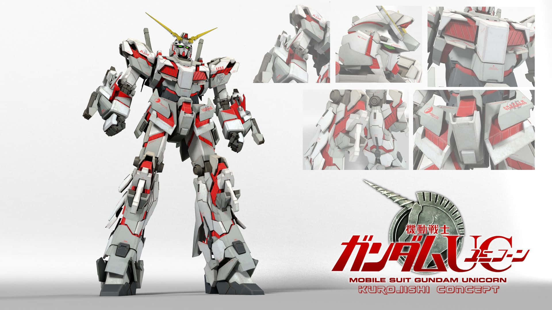 Gundam Unicorn 桌布 壁紙 — 一個詳細的3D渲染，白色、紅色和灰色的機動戰士，帶有金色角，站在純白色背景前。