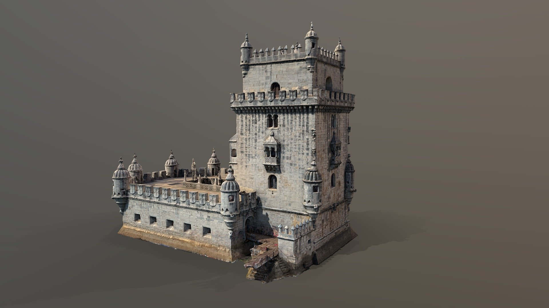 Portugal 桌布 壁紙 — 一個詳細的3D渲染，貝倫塔獨自矗立在中性灰色背景前。