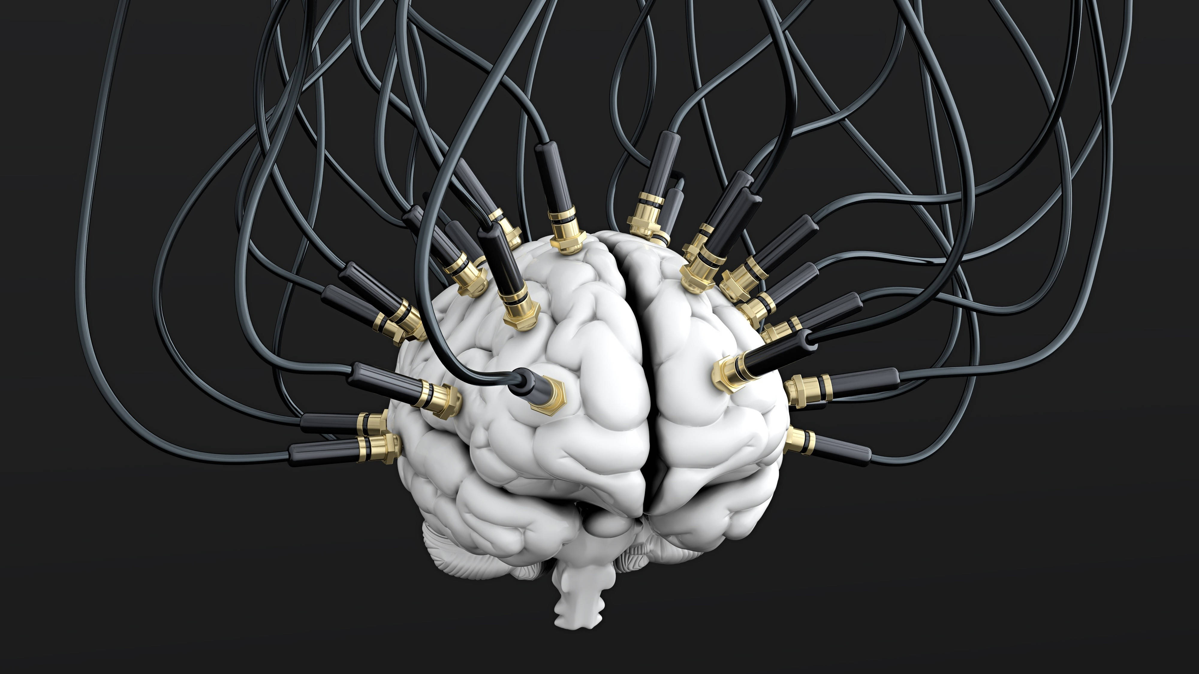 3D 桌布 壁紙 — 一個詳細的3D渲染，顯示人類大腦通過大量帶有金色連接器的黑色電纜連接到深色背景上。