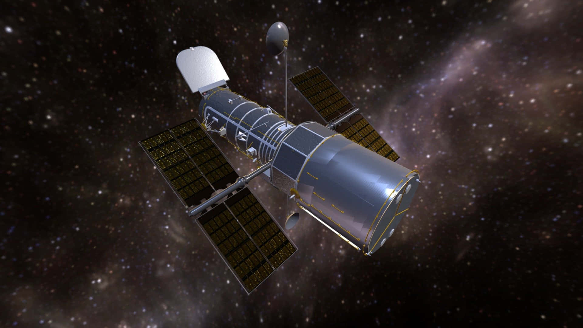 太空 桌布 壁紙 — 一個詳細的3D渲染，顯示哈伯太空望遠鏡在深空中漂浮，背景是星場和星雲。